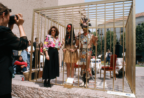Coco Fusco and Guillermo Gómez-Peña, Two Undiscovered Amerindians Visit the West, 1992.​