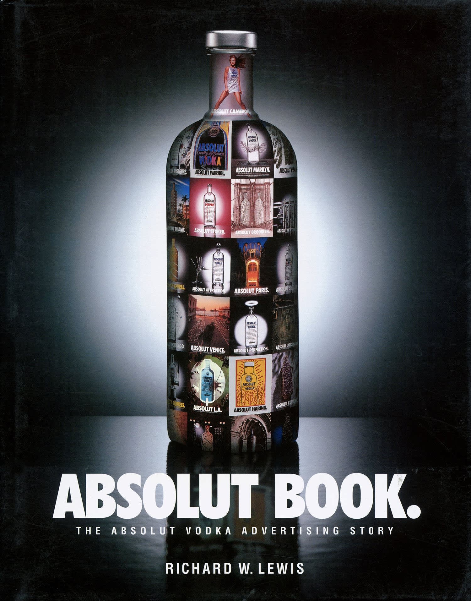 An advertorial image depicting an Absolut Vodka bottle with multiple images on it. 