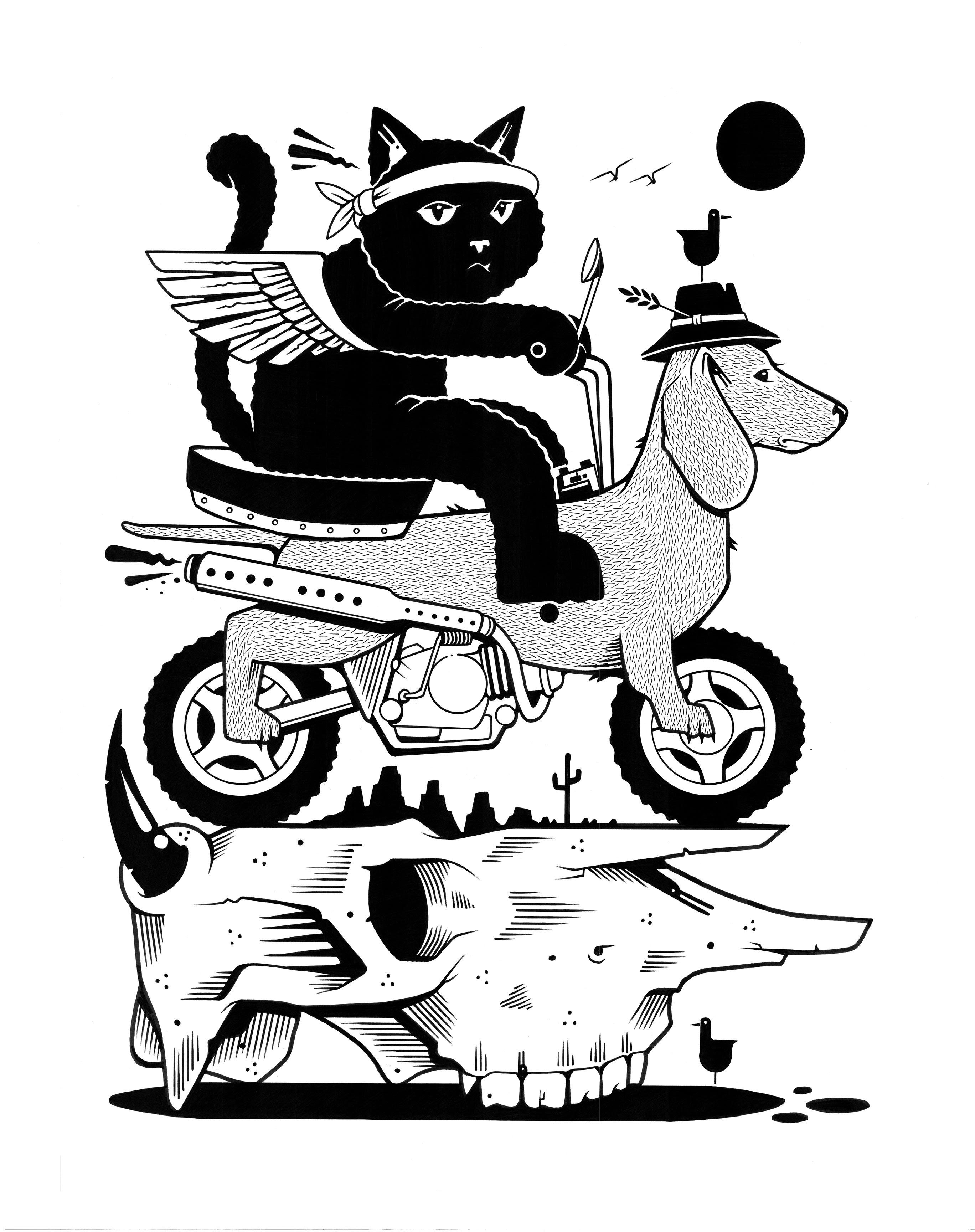 Jeremy Fish drawing of a Cat riding a dog motorcycle