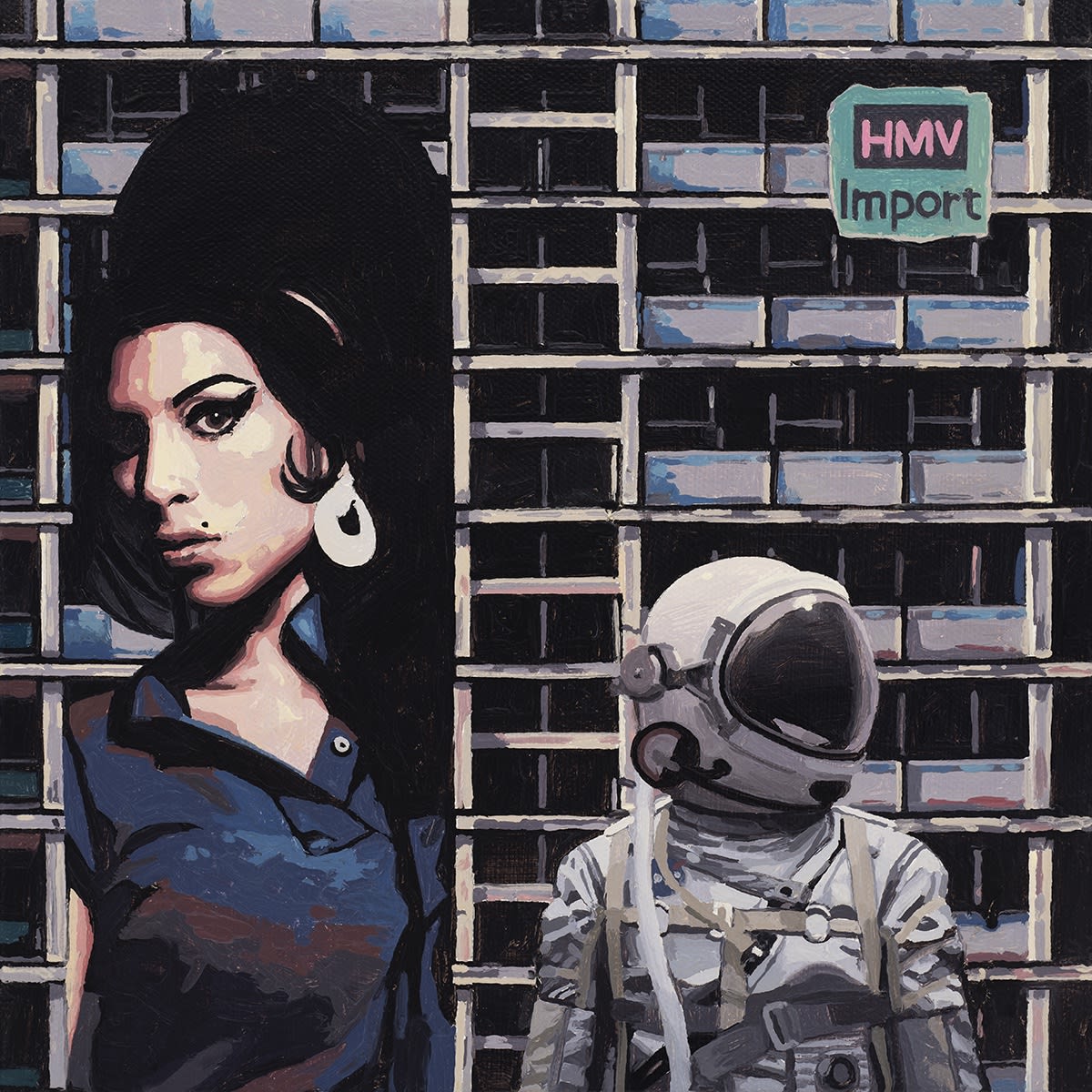 painting of an astronaut looking at Amy Winehouse by Scott Listfield