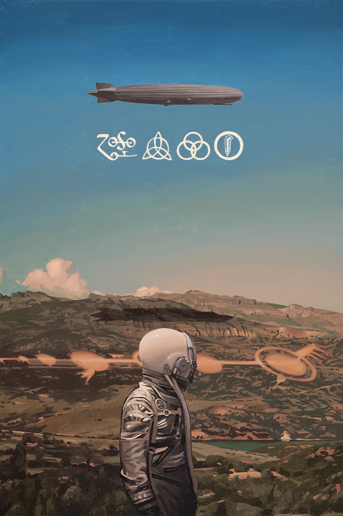 painting of an astronaut and a zepplin airship by Scott Listfield