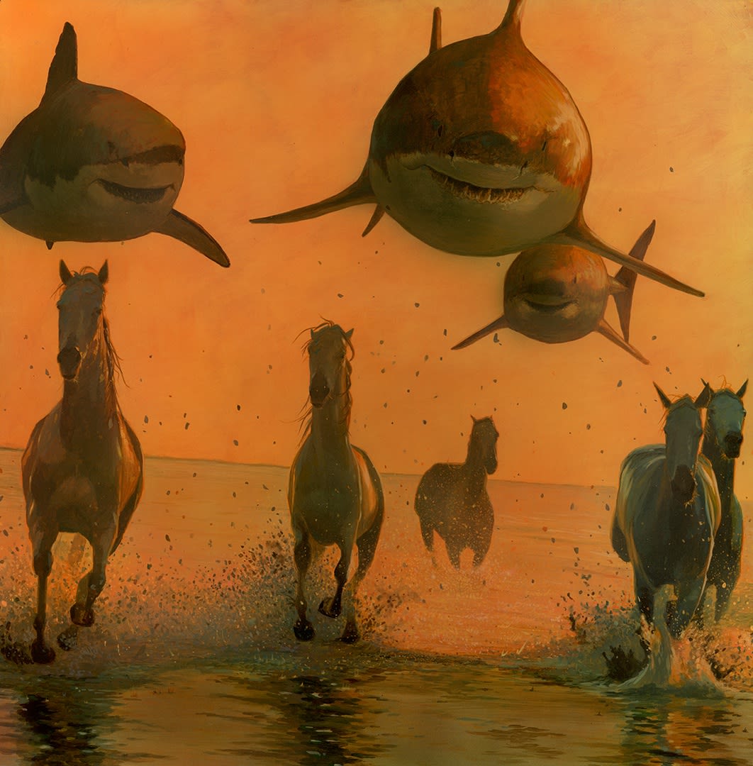 painting of sharks floating above the tide while horses run below by Chris Austin