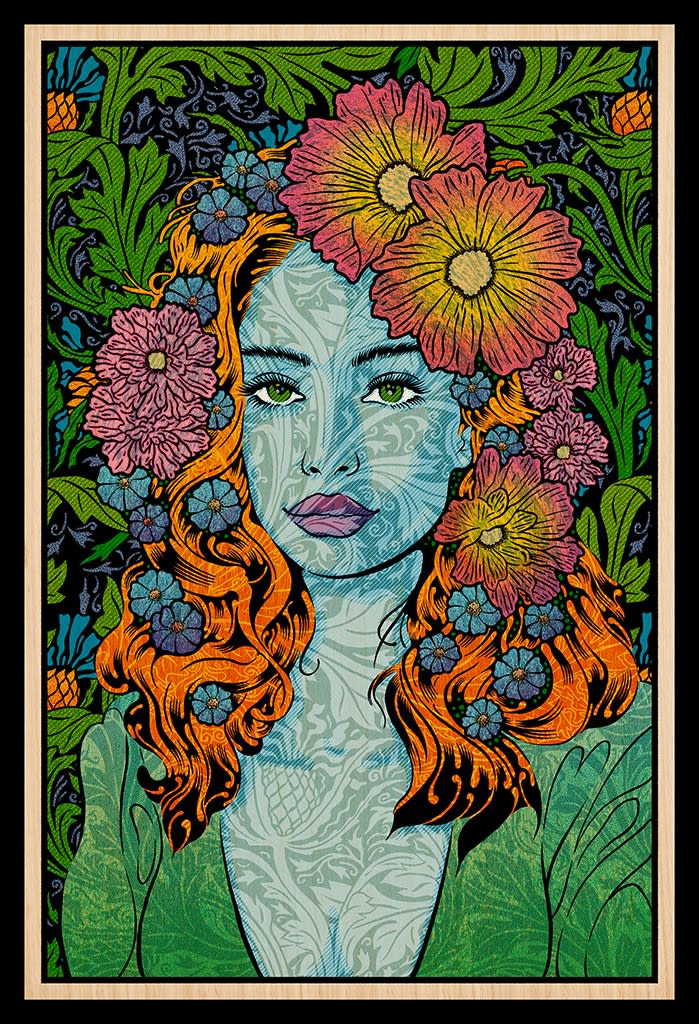 Chuck Sperry panel of woman with flowing hair decorated with flowers