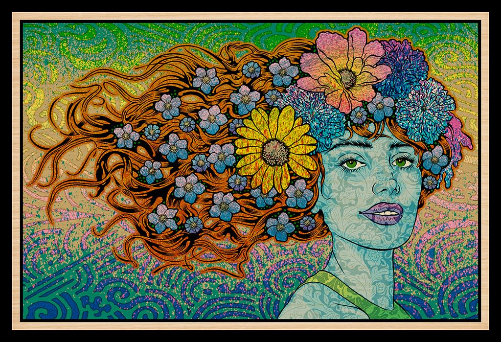 Chuck Sperry panel of woman with flowing hair decorated with flowers