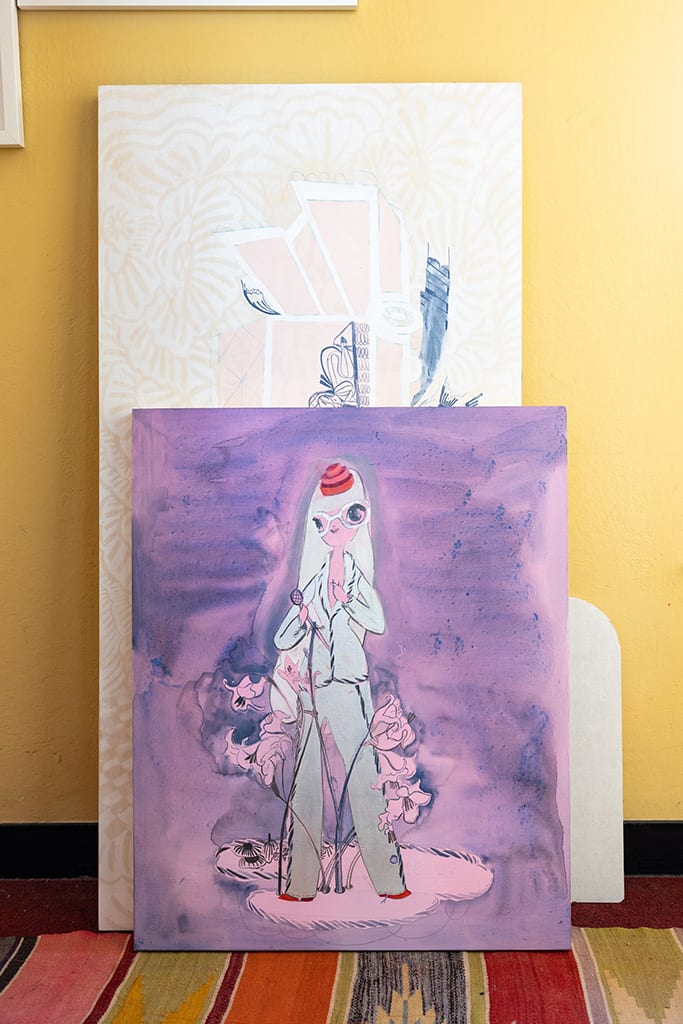 A closeup of artist duo KeFe's studio/works in progress.