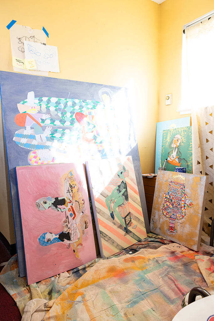 A closeup of artist duo KeFe's studio/works in progress.