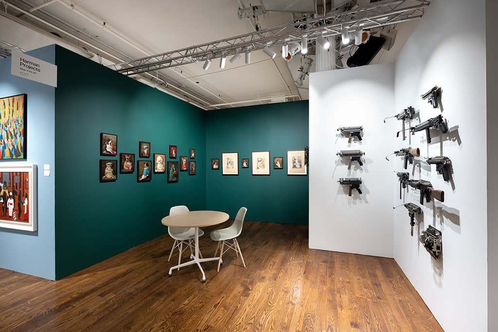 An installation view of Alison Friend and Ravi Zupa's two person booth at the Outsider Art Fair NYC.