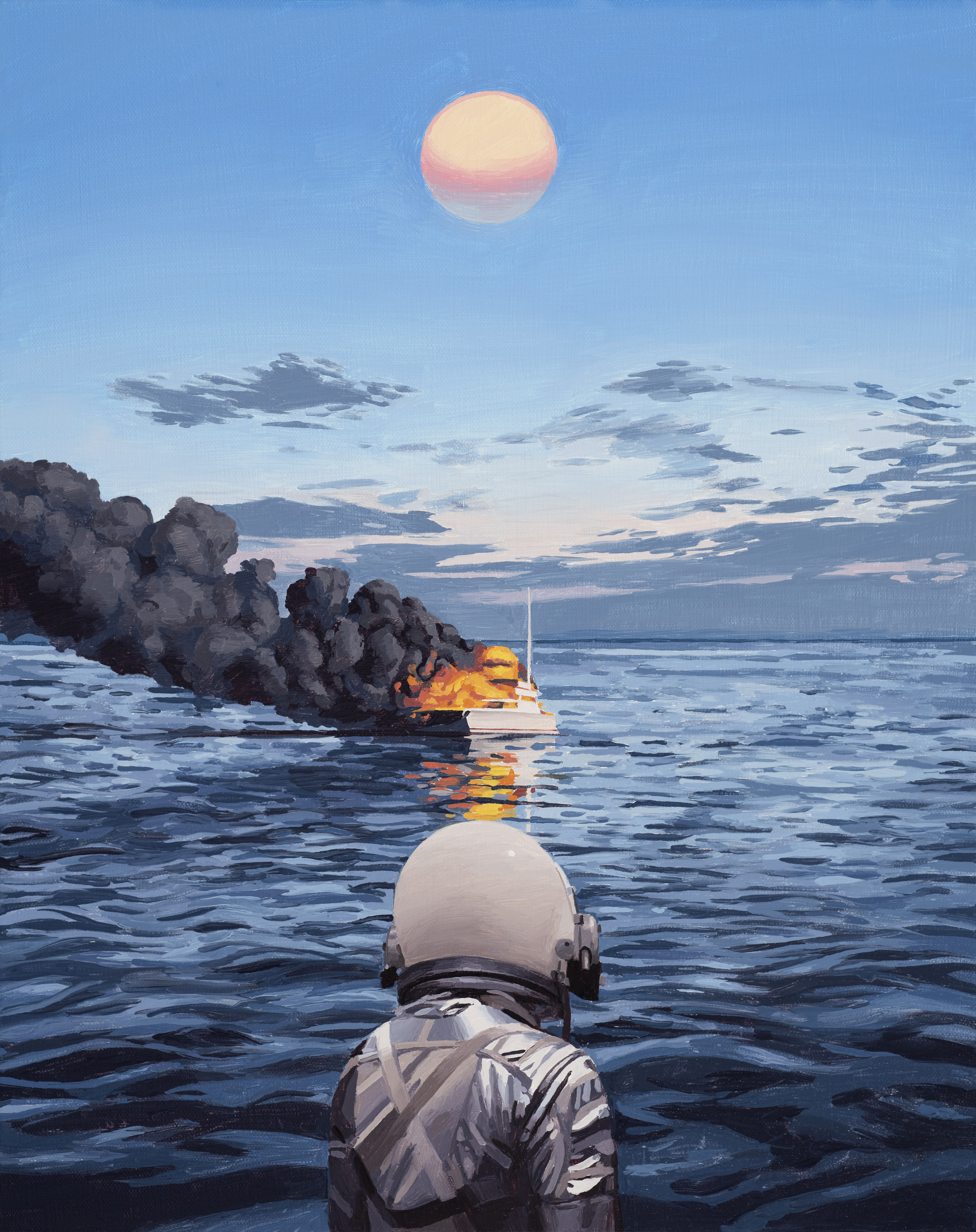 painting of an astronaut looking at a raft in the water by Scott Listfield