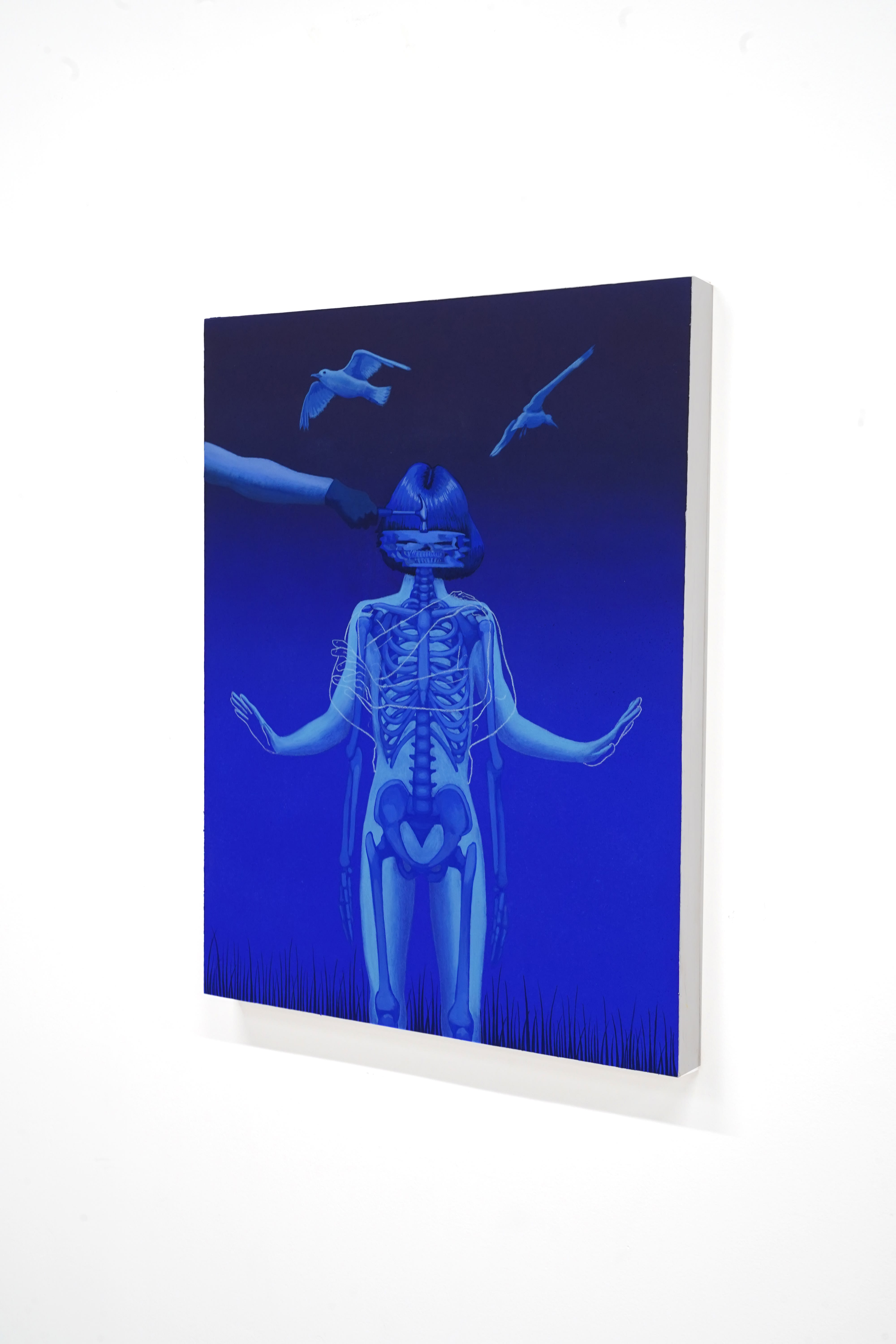 blue painting of a person with their skeleton showing