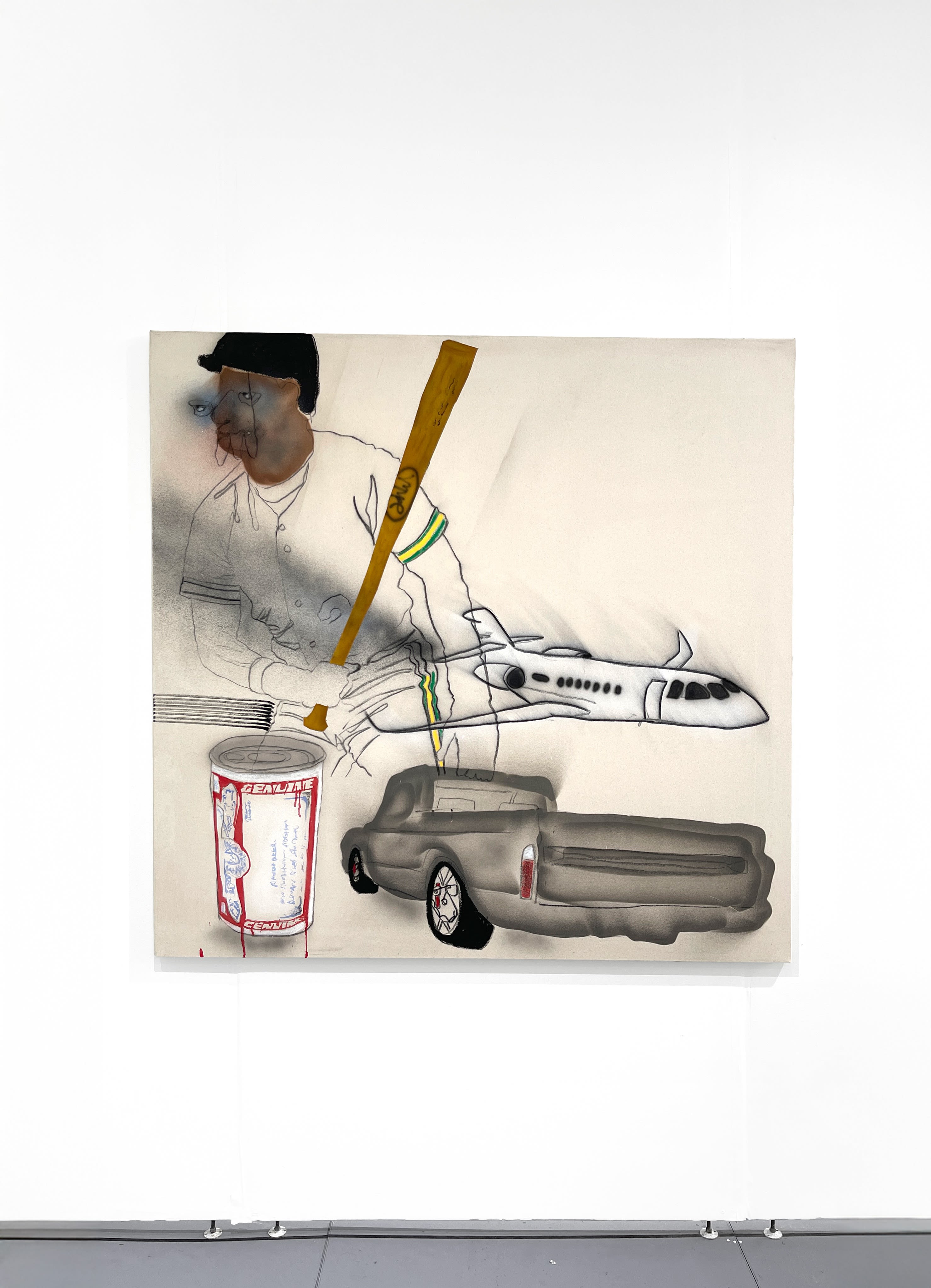 painting of a baseball player, a jet and a pickup truck