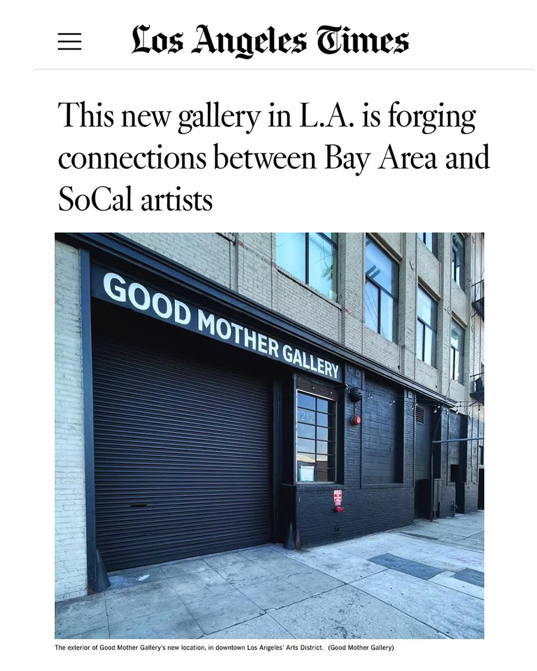 screenshot of an LA times article witha. picture of the front of Good Mother Gallery