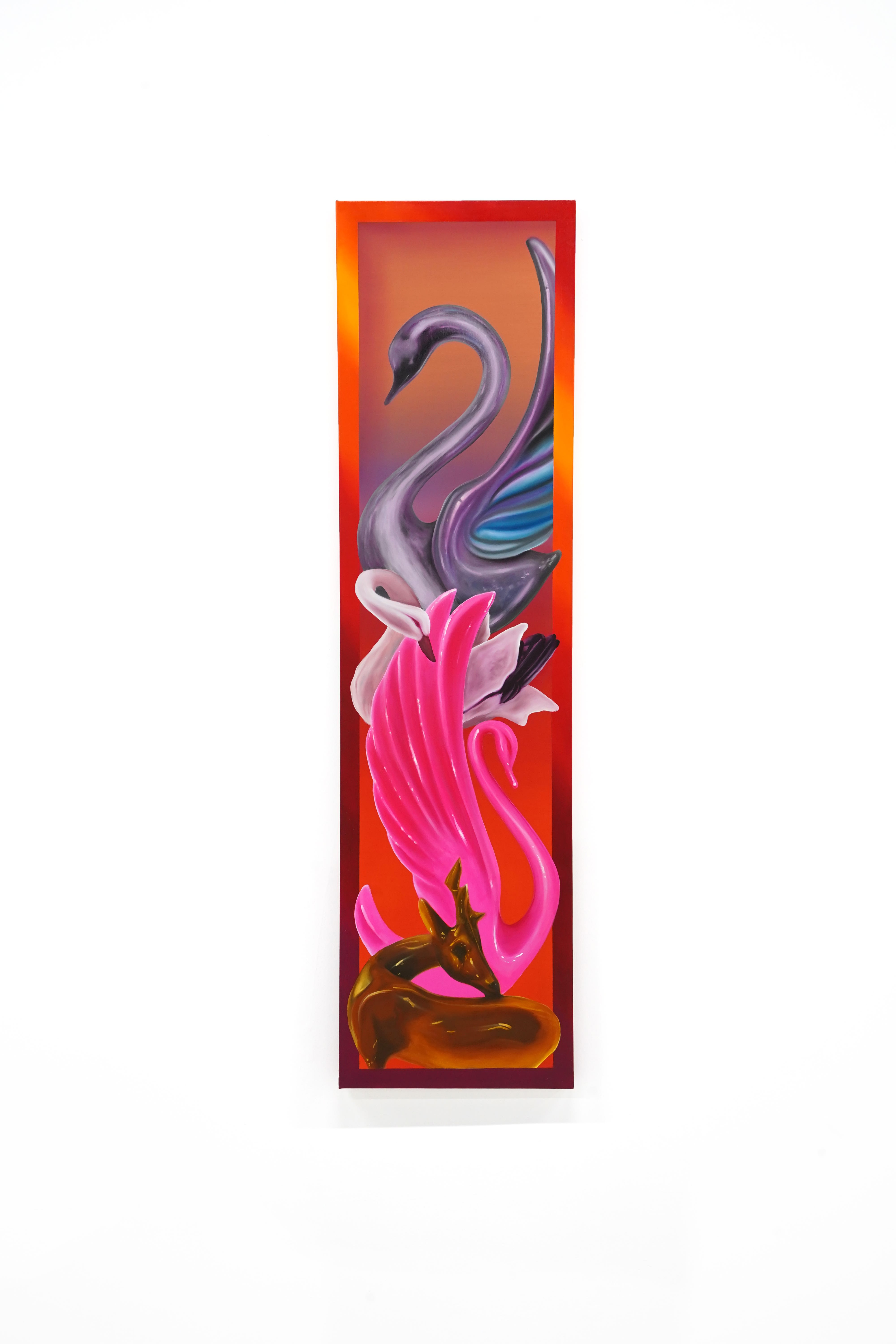painting of a totem of swans in pink by dougals de souza