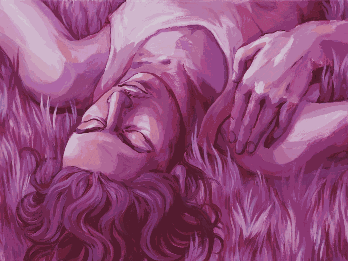 Pink painting of a kid laying in the grass by Eli Kauffman