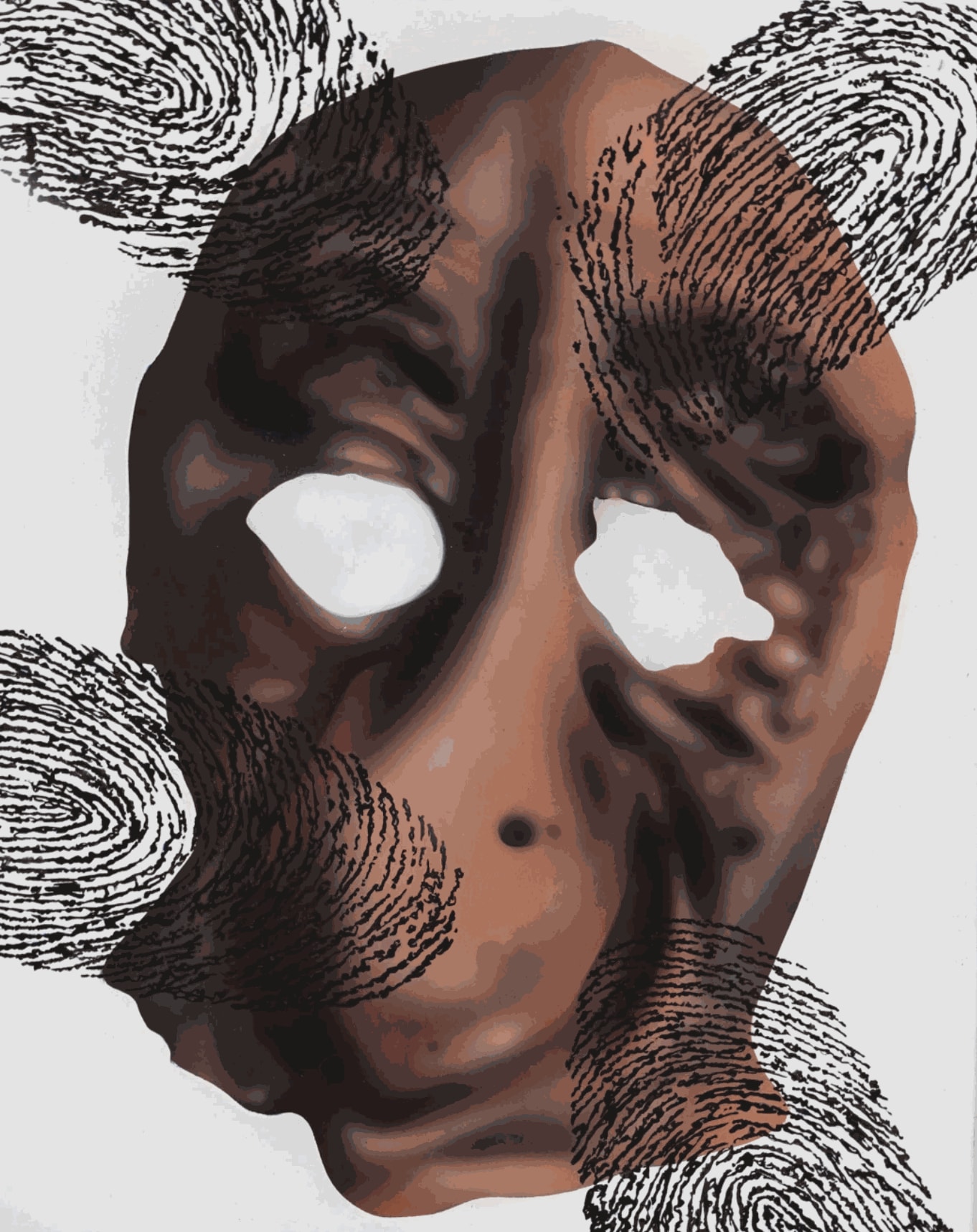 painting of a mask with fingertip prints on top by Aaron Jupin