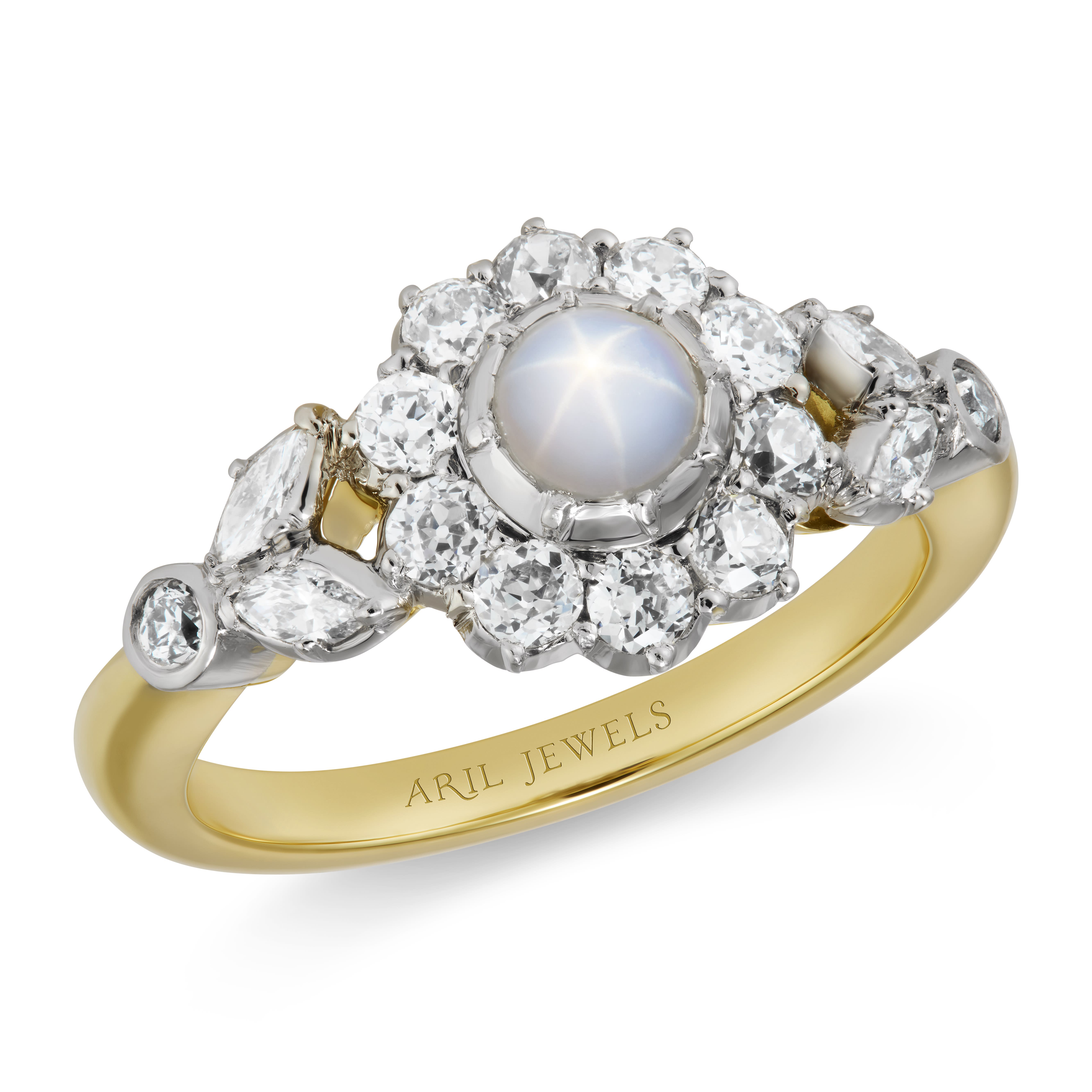 A meaningful bespoke future heirloom ring with star sapphire & old-cut diamonds by Aril Jewels. Inspired by Georgian ring with cut down settings of platinum and 18k yellow gold. 