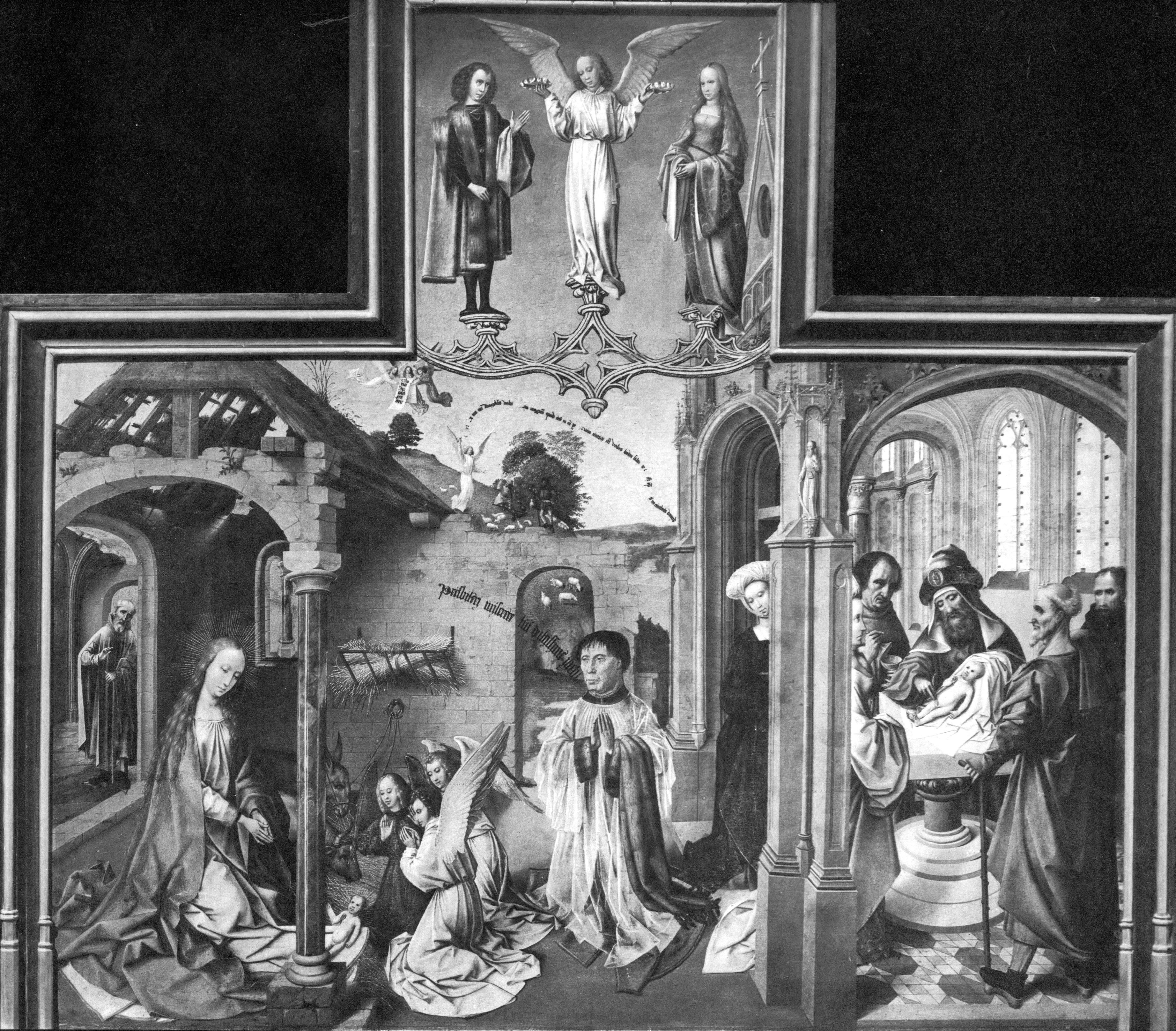 Photography of a painting by the Master of the Orsoy Altarpiece, depicting the Nativity with a donor and the Circumcision
