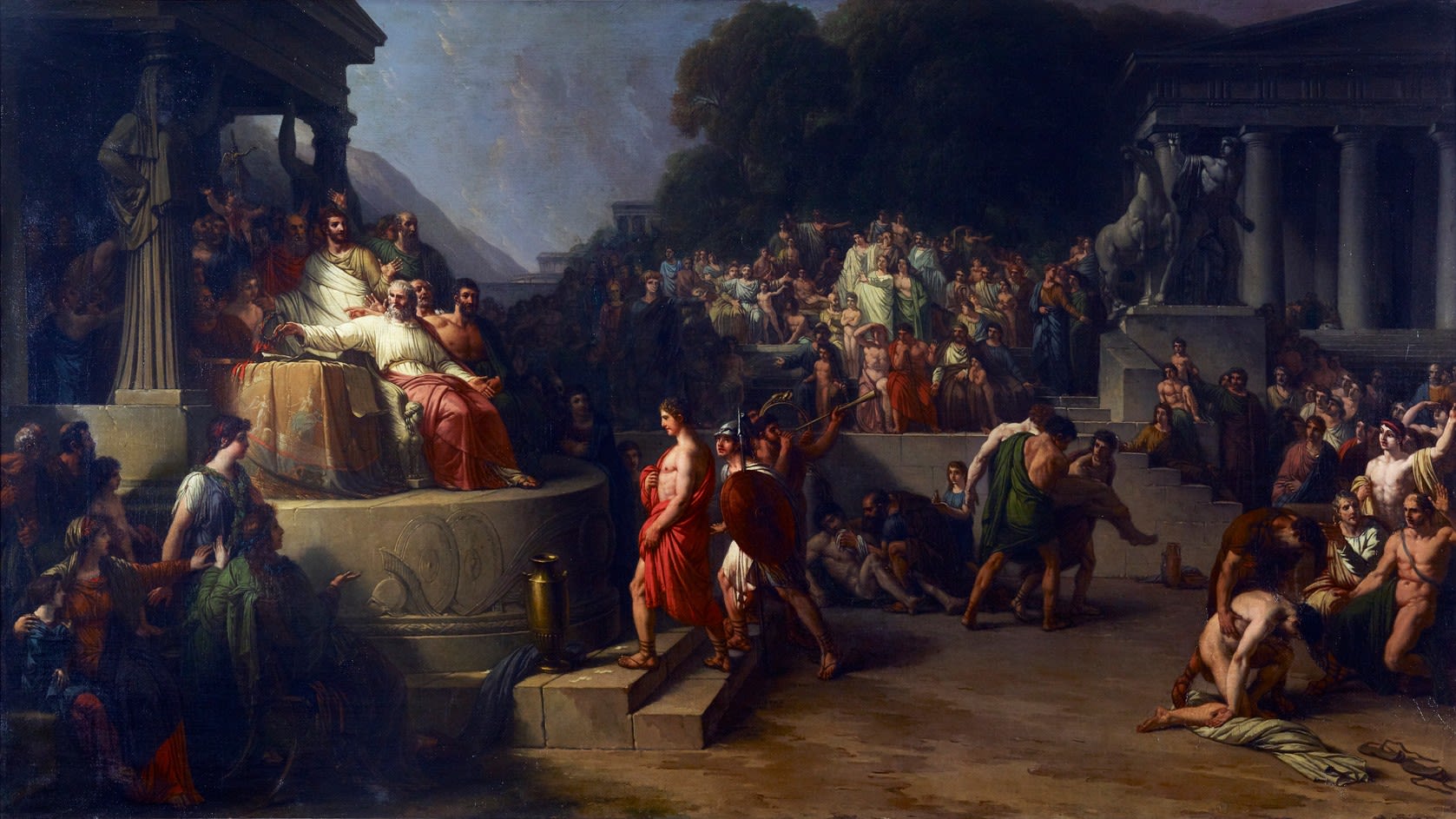 Rediscovered painting depicting the Coronation of the Winner, executed by Jean-Pierre Saint-Ours in Geneva in 1807 as a second version of his most famous Olympic Games. The painting is a perfect example of 18th century neoclassical style.
