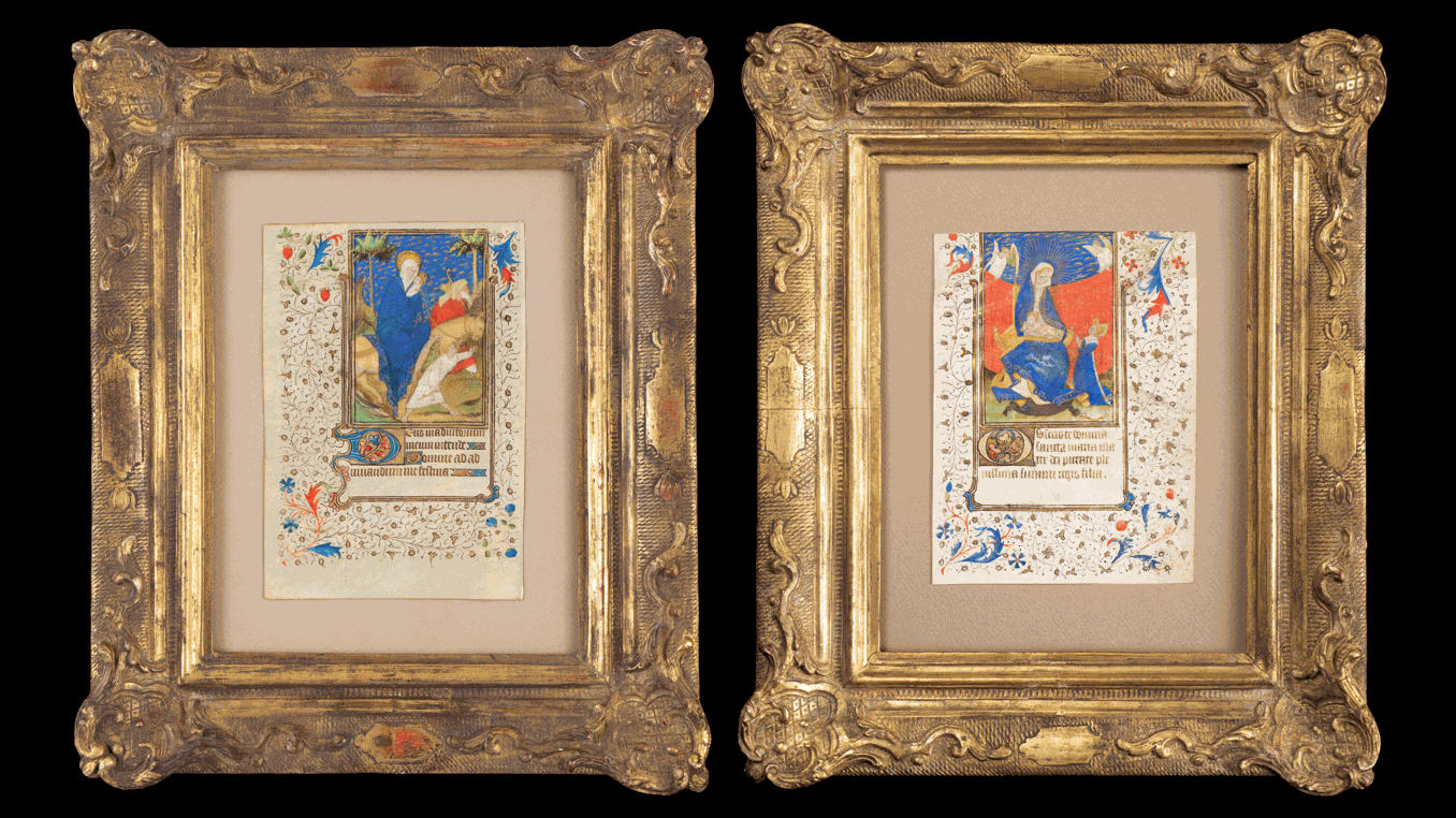 Two illuminated leaves with illuminations from a 15th century Book of Hours by the Master of Rohan. Authentic medieval art, La Gabrielle Fine Arts, Geneva.