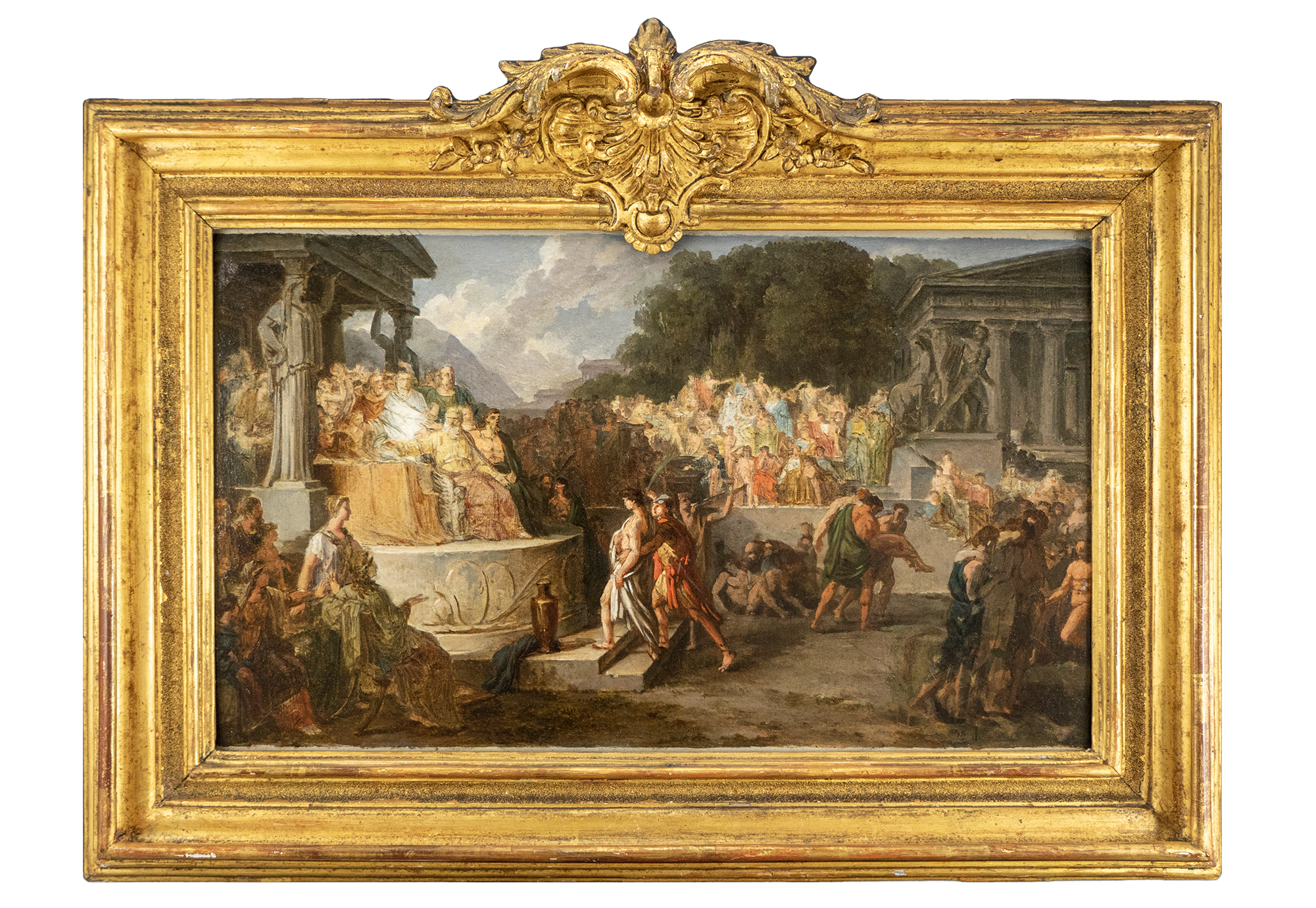 Ornate gold-framed classical painting, by Jean-Pierre Saint-Ours, depicting the Olympic Games: an ancient Greek public scene, with officials seated on a raised platform as crowds gather around, figures in flowing robes, stone architecture, statues, and a dramatic outdoor setting.