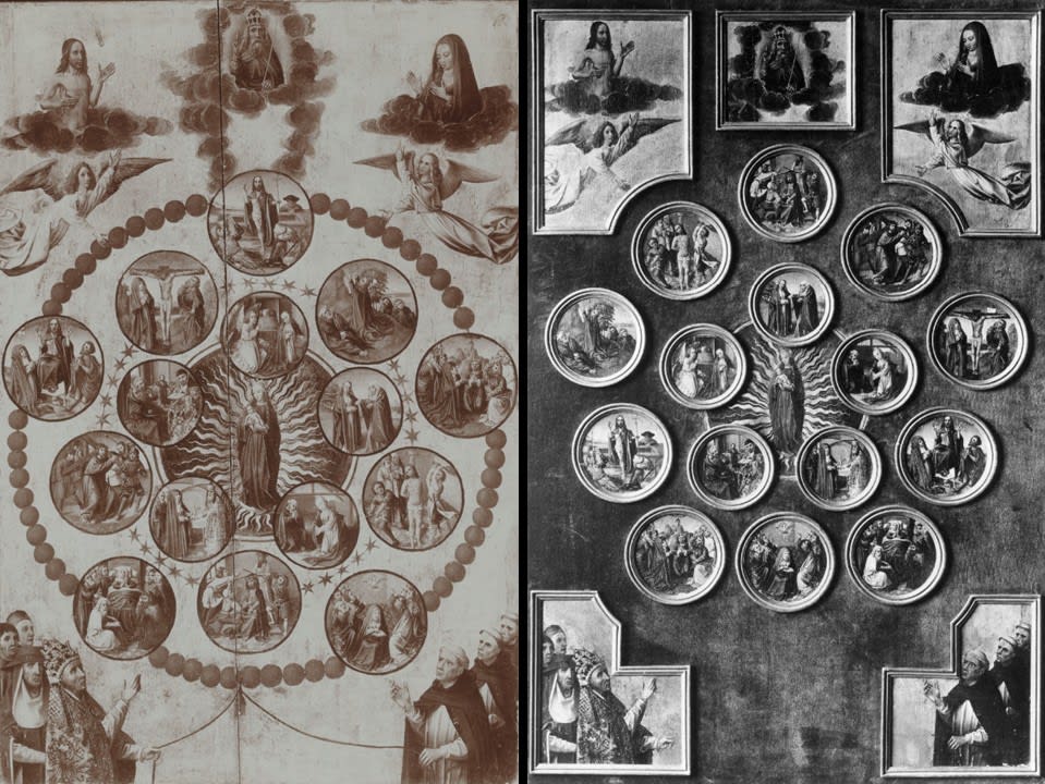 Two images showing a painting depicting Our Lady of the Rosay, painted by the Master of the Orsoy Altarpiece in Brussels c. 1500