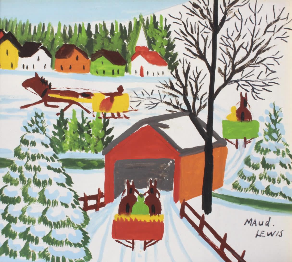 Maud Lewis; Horse Drawn Sleighs and Covered Bridge