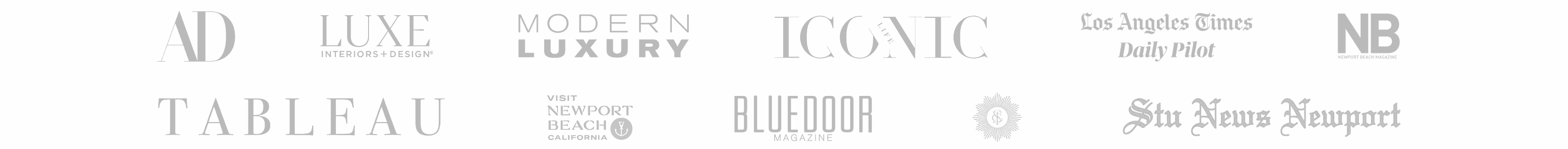 as seen in, Logos of various publications, including "AD," "Luxe Interiors + Design," "Modern Luxury," "Iconic," and others, arranged in a rectangular grid.