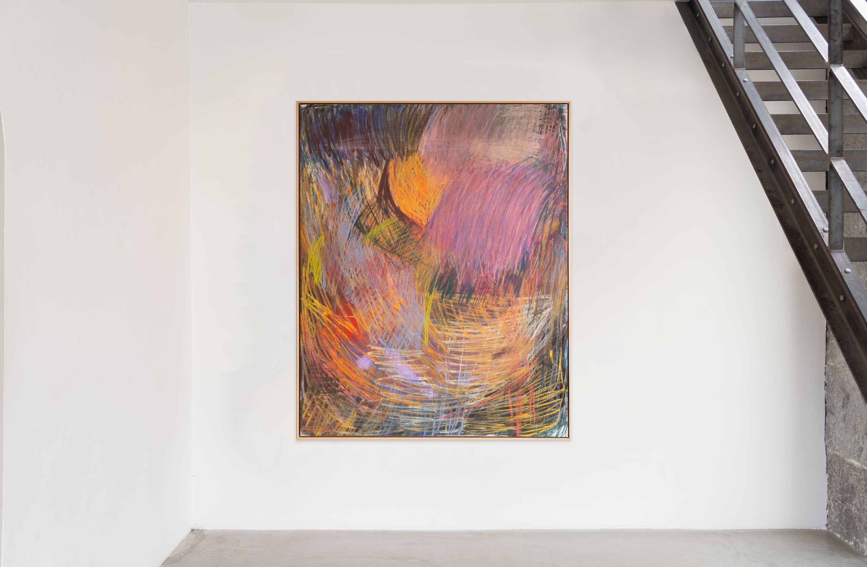 Installation view: Gene A'Hern, Sky Painting 34, 2023, Pastel on linen, Oiled oak frame, 195 x 160 cm, shown at Brigade Gallery in Copenhagen, Denmark.