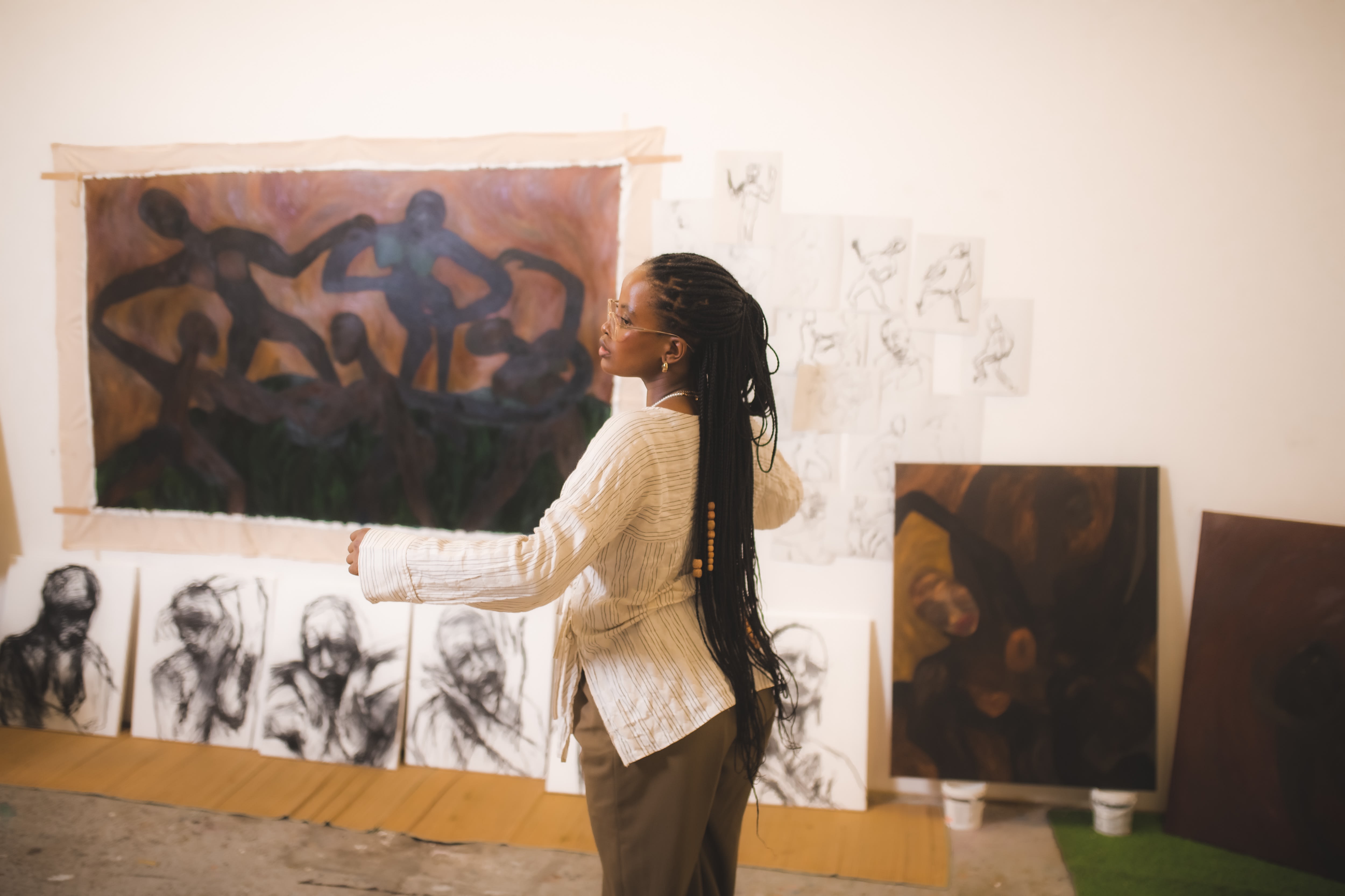 Nthabiseng in her studio at LaStation in Nice during the Makwande Art Residency