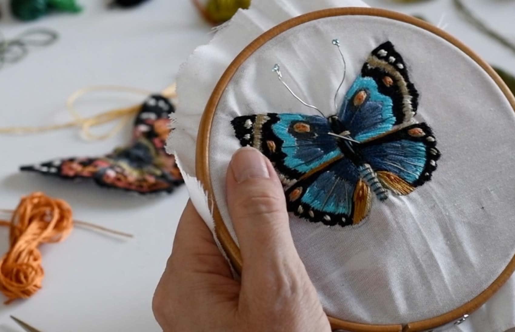 butterfly embroidery for photo shoot for Borrowed Wings painting by Anna Halldin Maule 