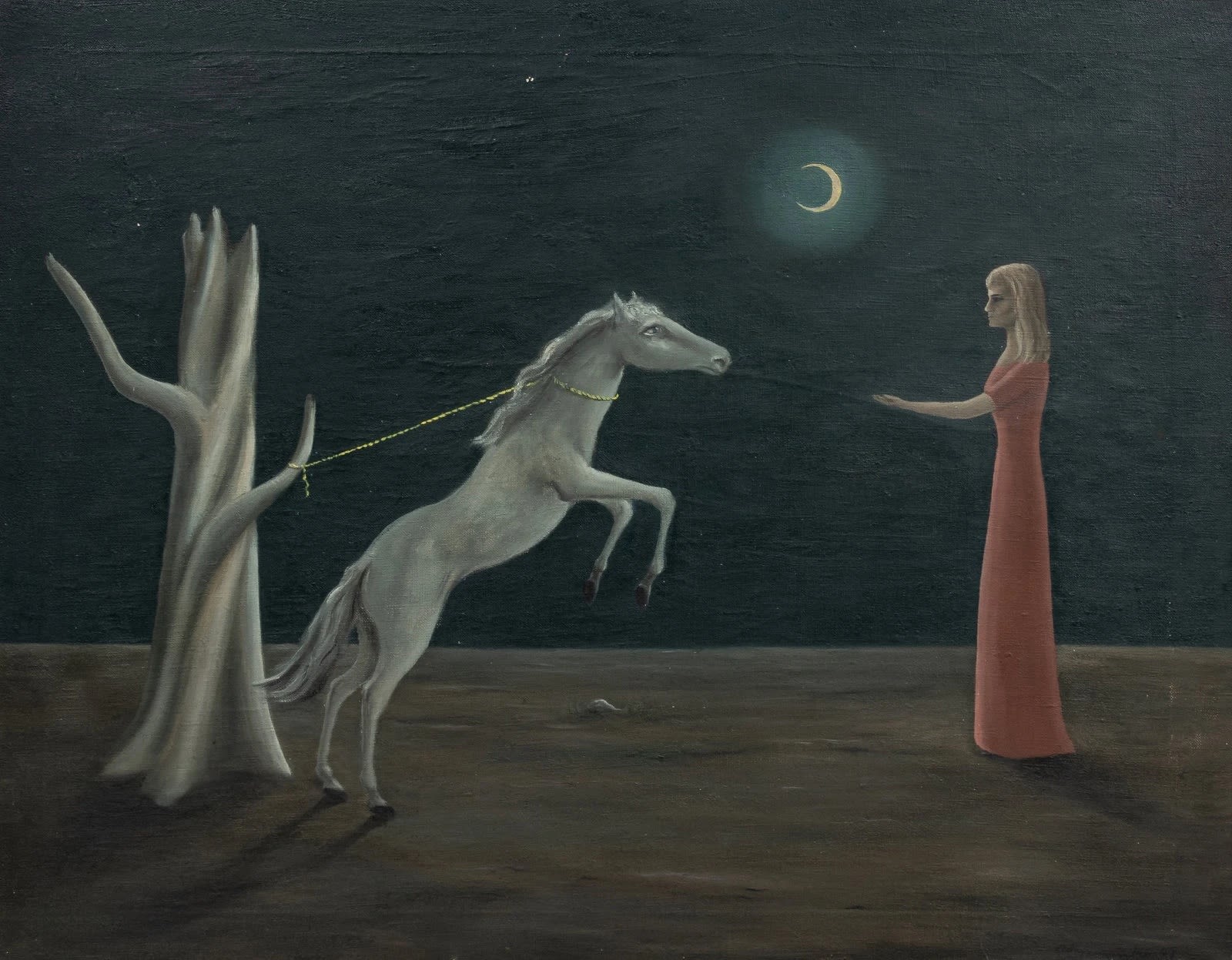 Untitled painting by Gertrude Abercrombie, depicting a woman in a pink dress reaching out to a rearing white horse, with a crescent moon overhead and surreal tree forms, achieving the highest auction record for an Abercrombie artwork at Hindman in December 2022, a sought-after piece for collectors through art advisory services investing in significant American surrealism.