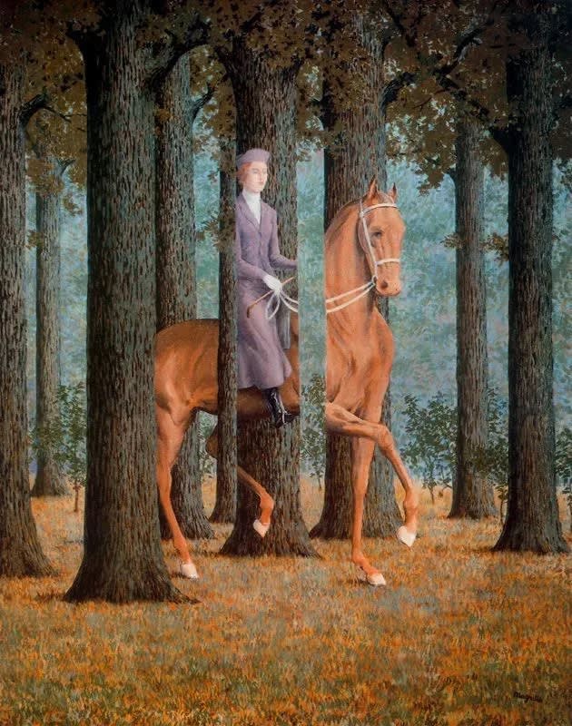 Woman and horse merge with trees in Magritte's enigmatic masterpiece, questioning art and reality. Keywords: René Magritte, Surrealism, The Blank Signature, painting, art, woman, horse, forest, absence, illusion, perception, identity, reality, signature, blank check, mystery.