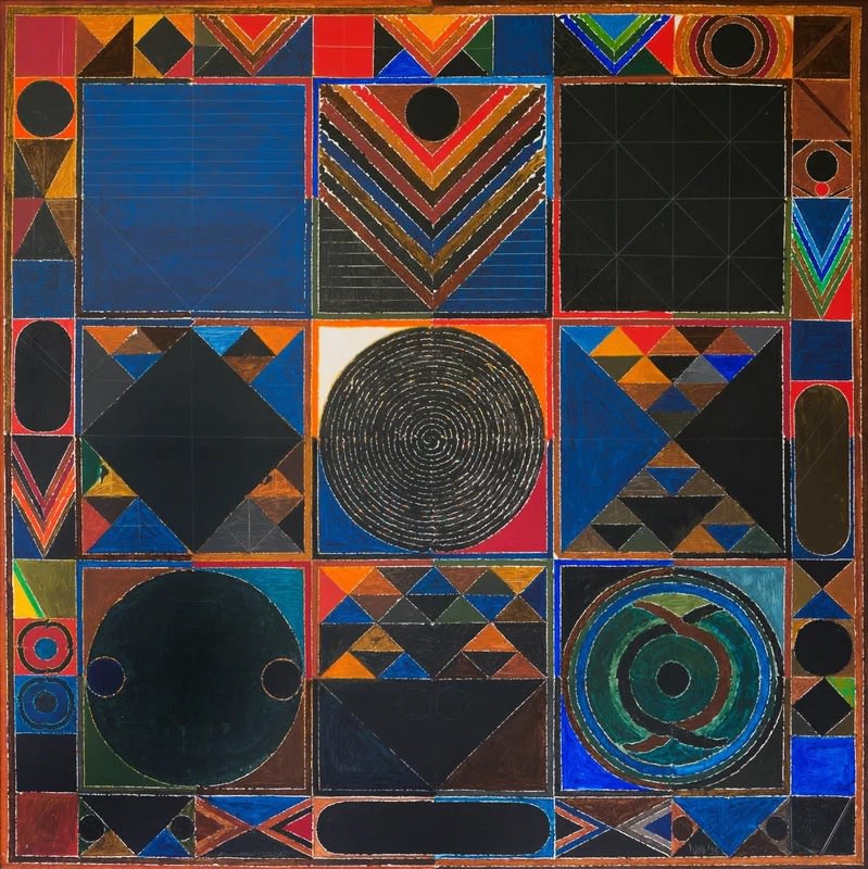 Abstract painting 'Universe' by S H Raza from 1993, featuring geometric patterns and symbols, vibrant colors, and cosmic elements in a grid-like composition reflecting the artist's signature Bindu and tributes to Indian cosmology.