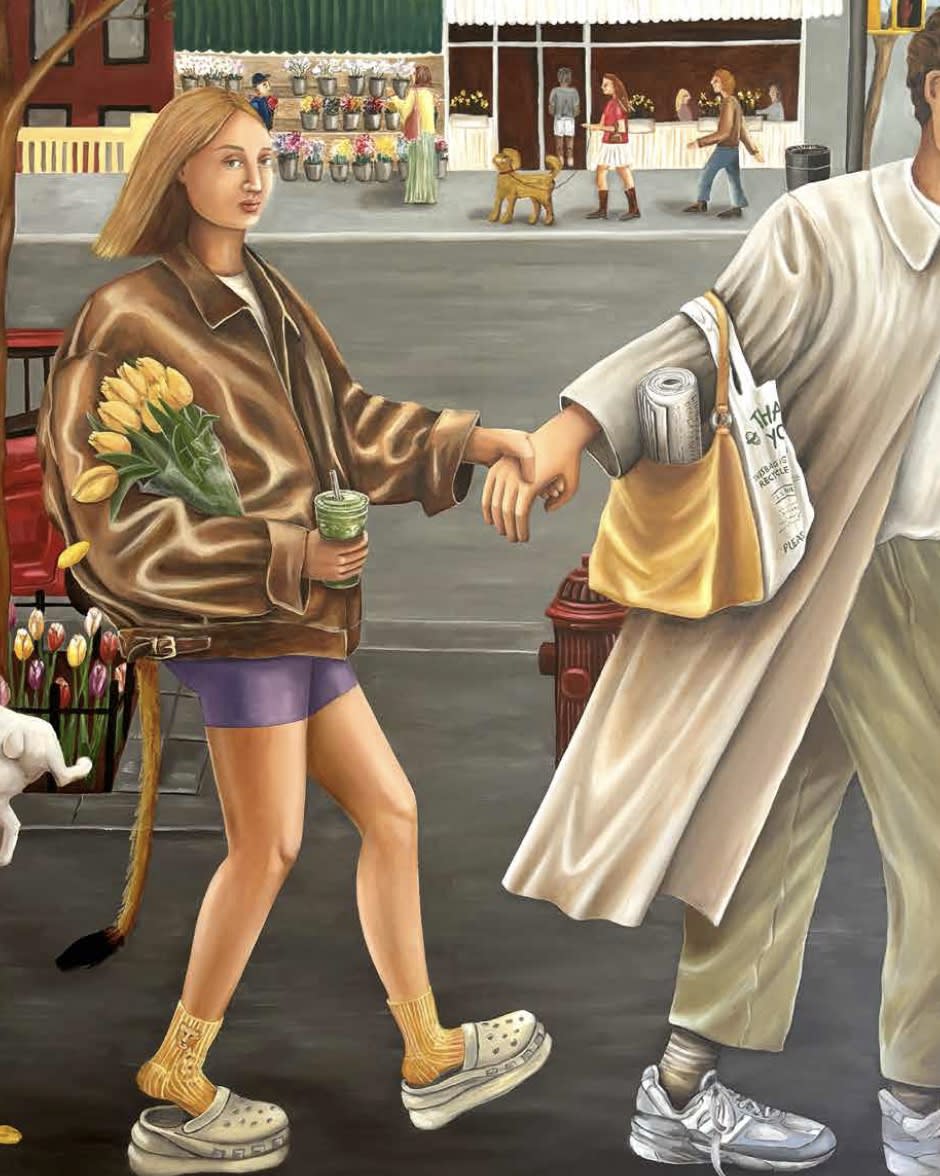 Jule Waibel painting of a woman and a man walking on the street, the man is pulling the woman off of the composition 