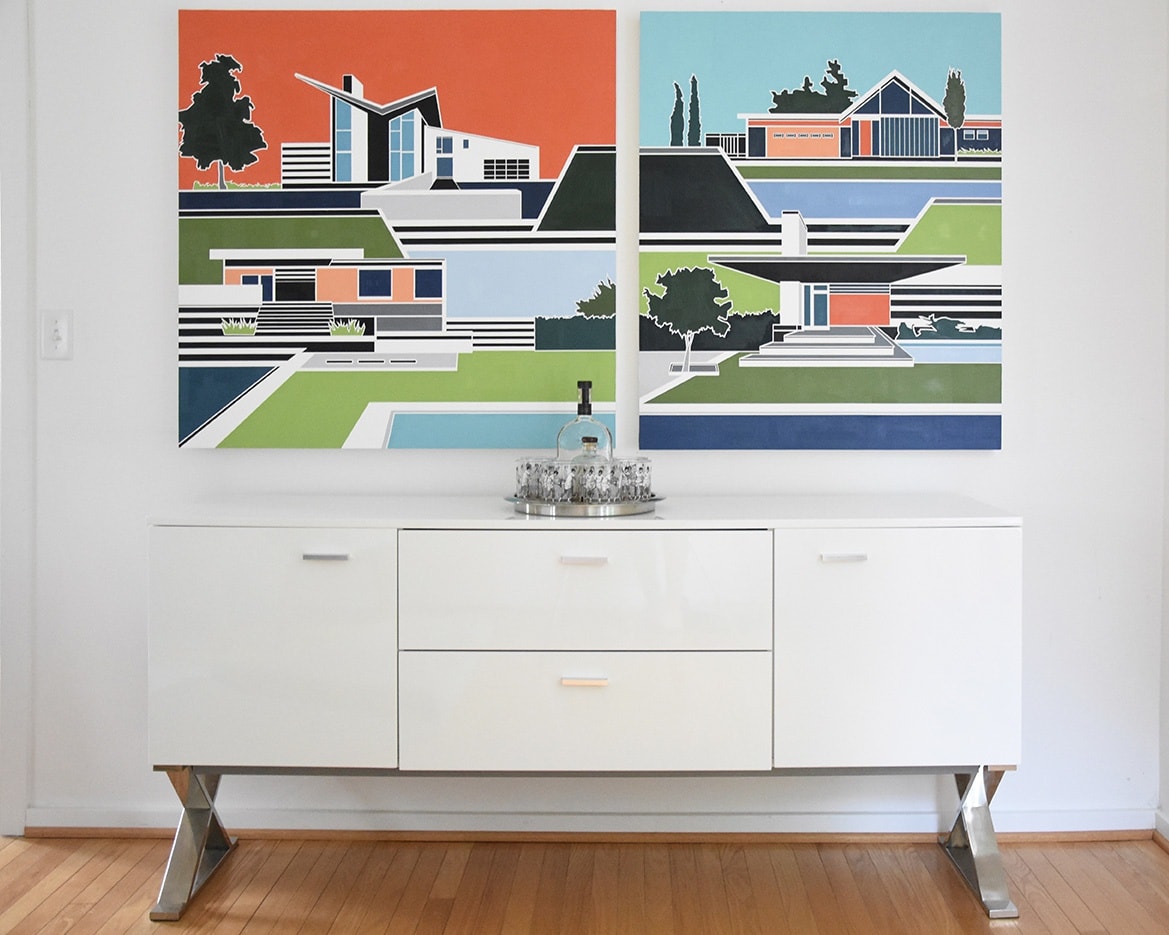 Lisa Ashinoff artwork installation over console table