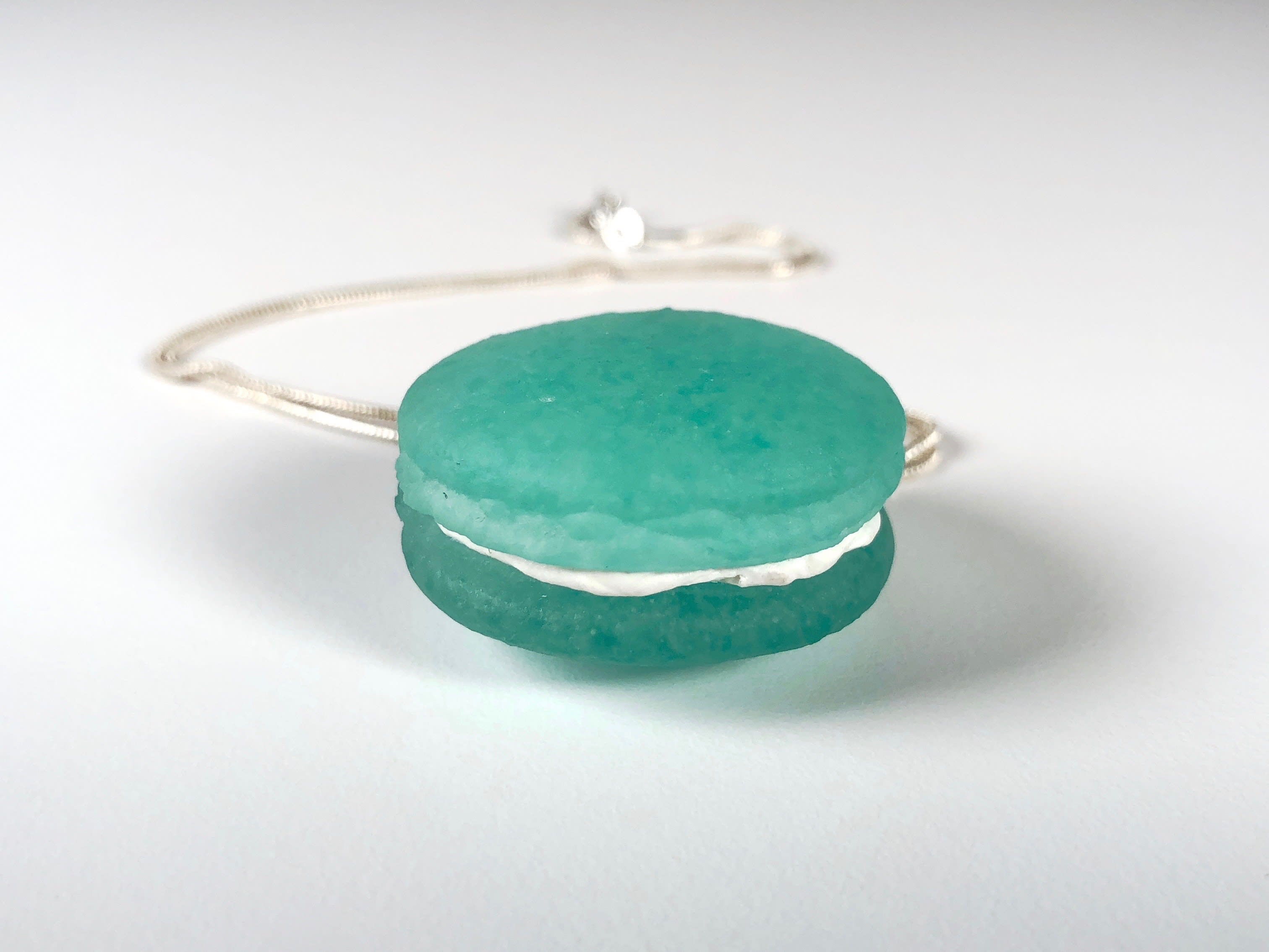 Meredith Edmondson, Turquoise Macaron Necklace, kilnformed glass, sterling silver chain