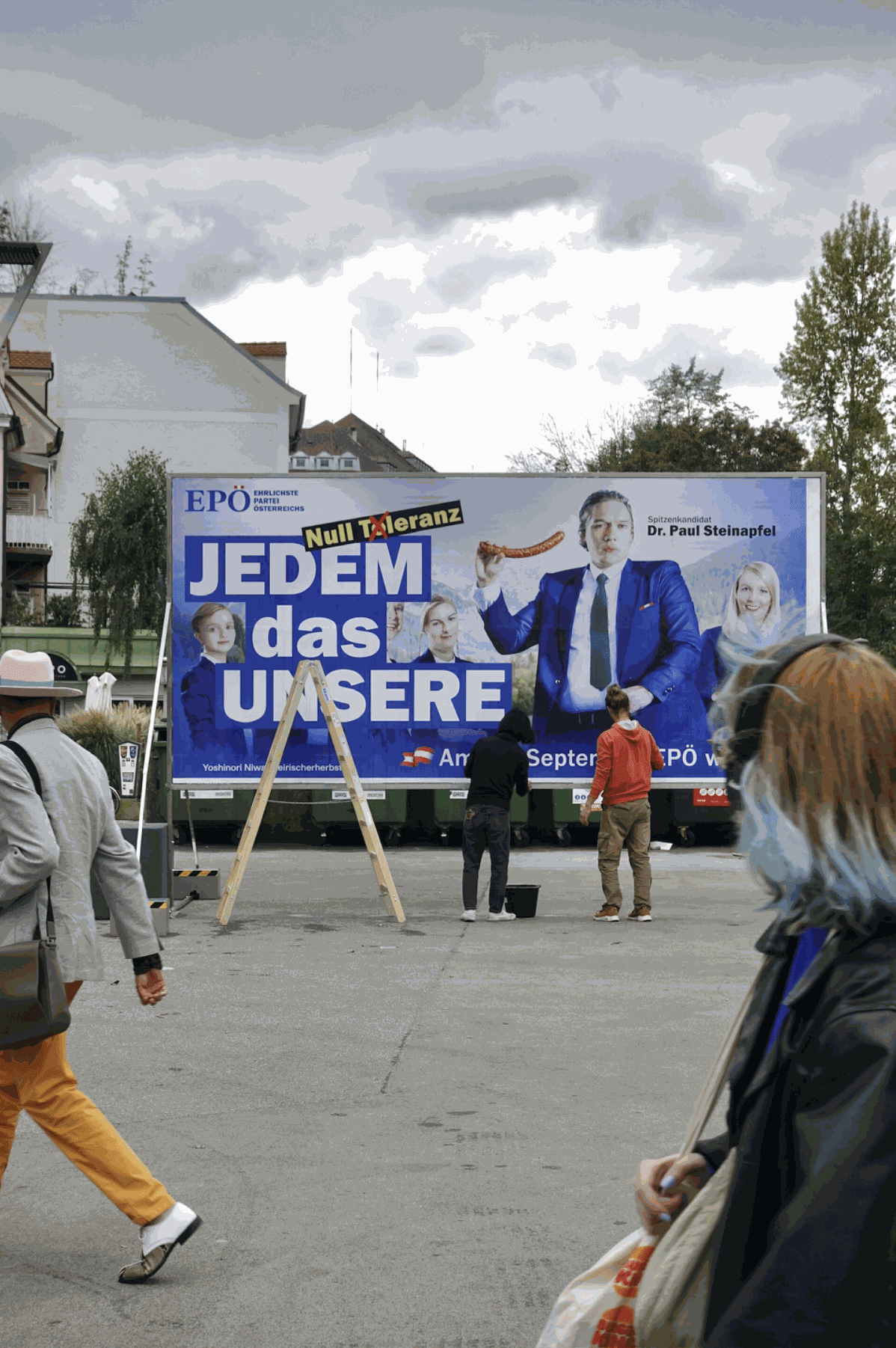 Yoshinori Niwa, Cleaning a Poster During the Election Period Until It Is No Longer Legible, 2024. Durational performance and installation, dimensions variable. Image courtesy of Steirischer Herbst. Photo by Henrik Bergstedt.