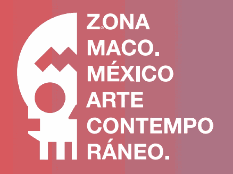 Zona Maco logo - skull on pink and mauve background with text "Zona Maco Mexico Arte Contemporaneo"