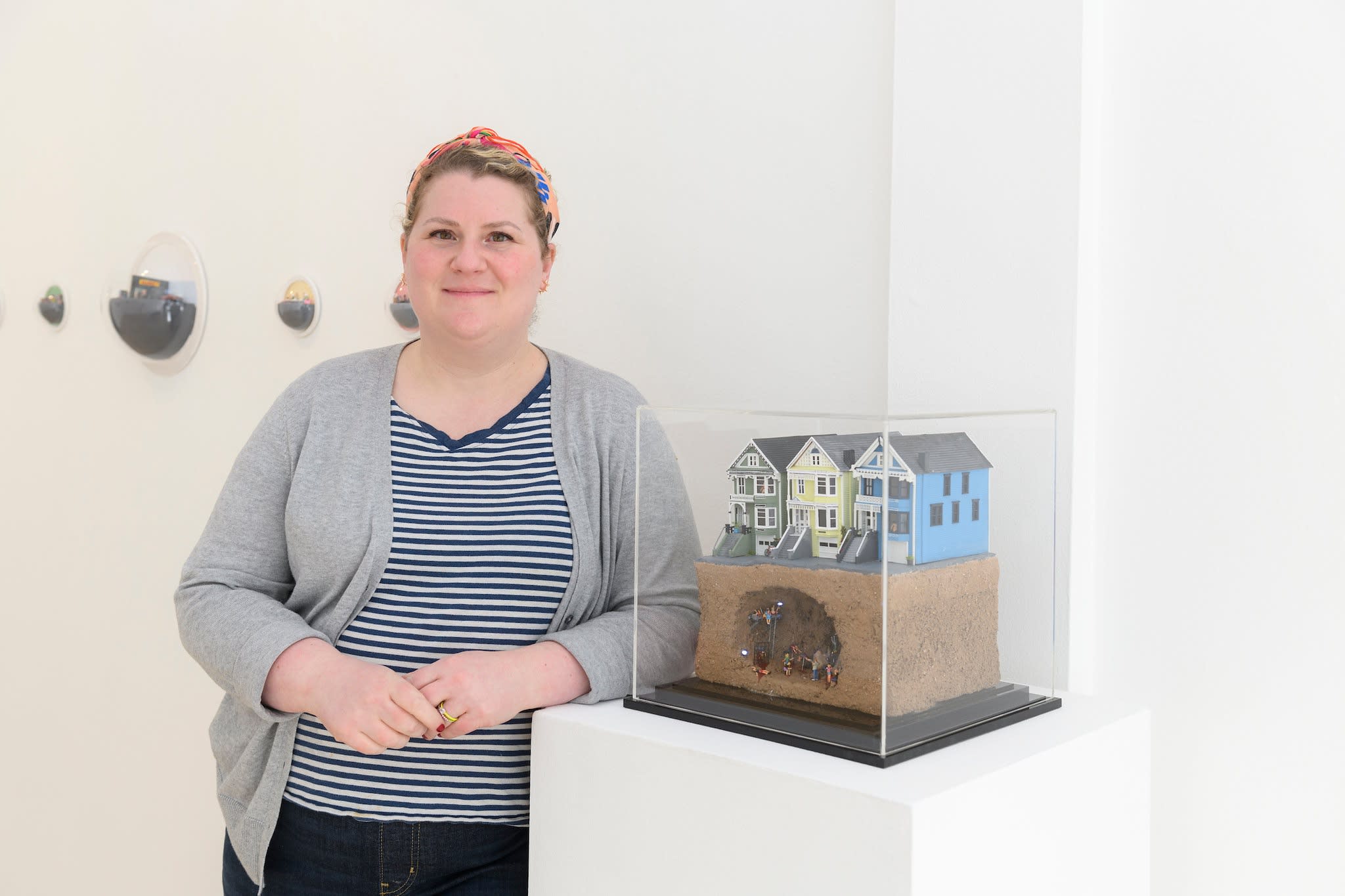 Abigail Goldman with one of her sculptures at the opening reception of her solo show Shadow Work