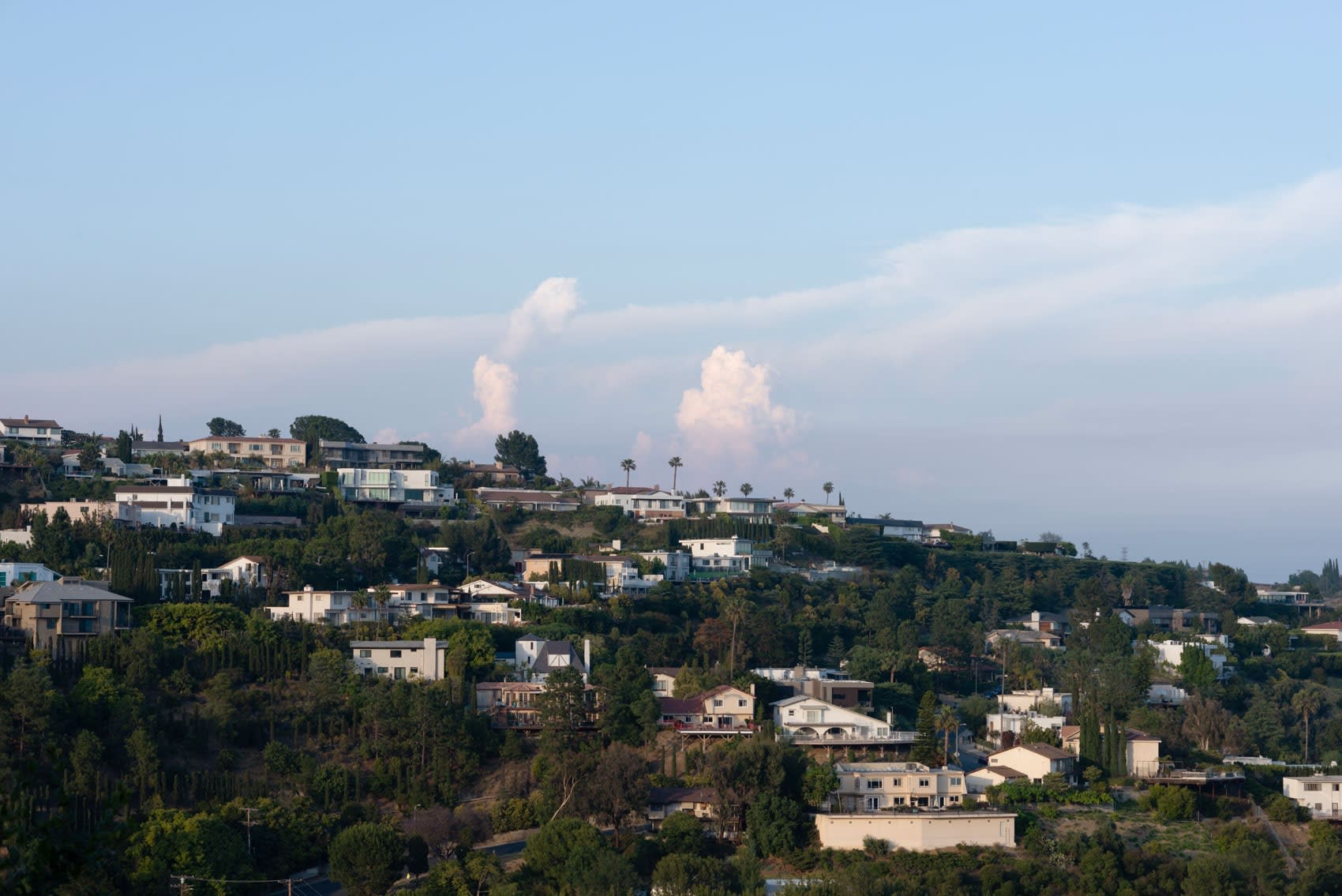 The green hollywood hills—sky is mostly blue with some light clouds, foliage is dark green, hiding the homes on the wall