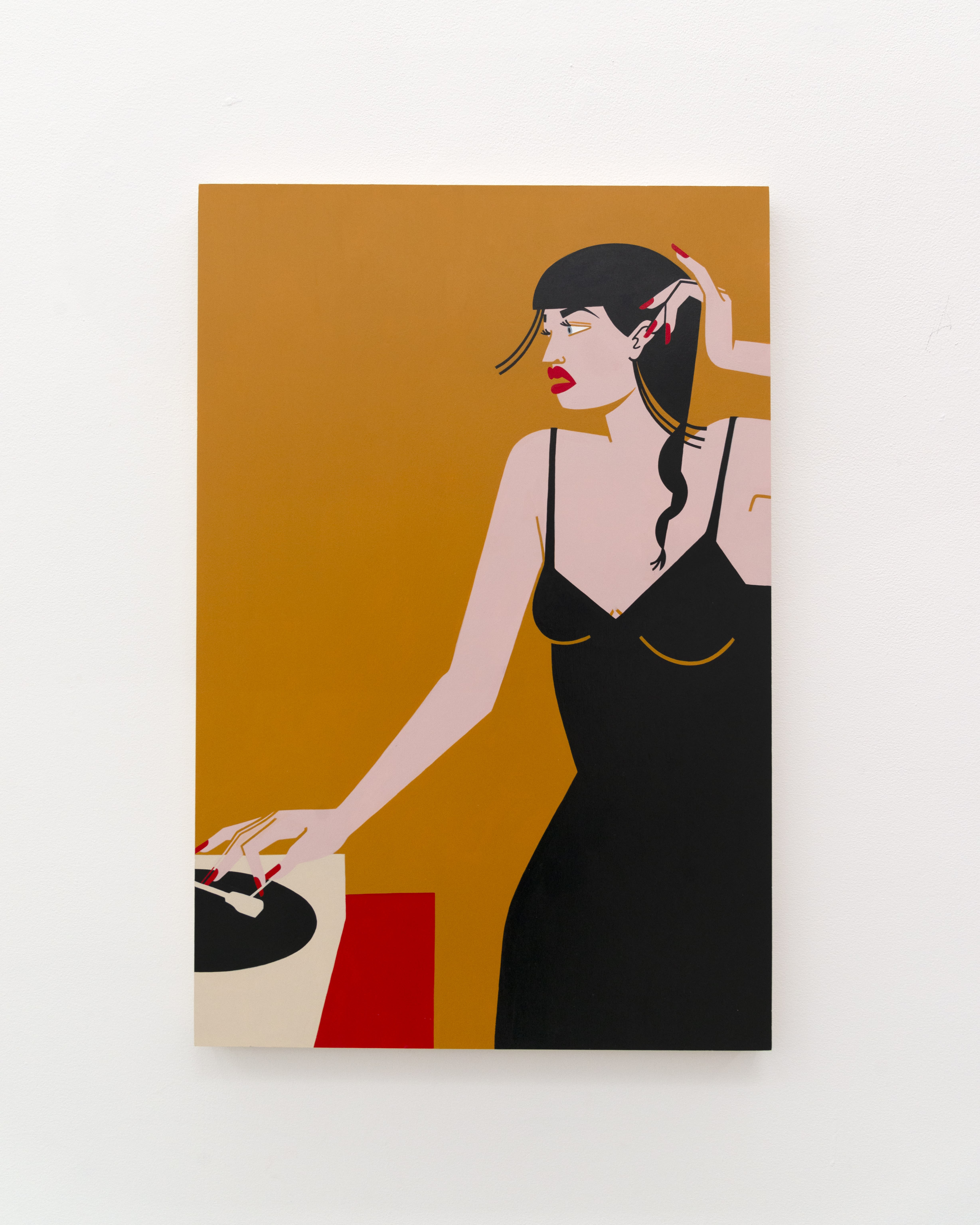 Painting by Jillian Evelyn featuring a woman in front of a record player.