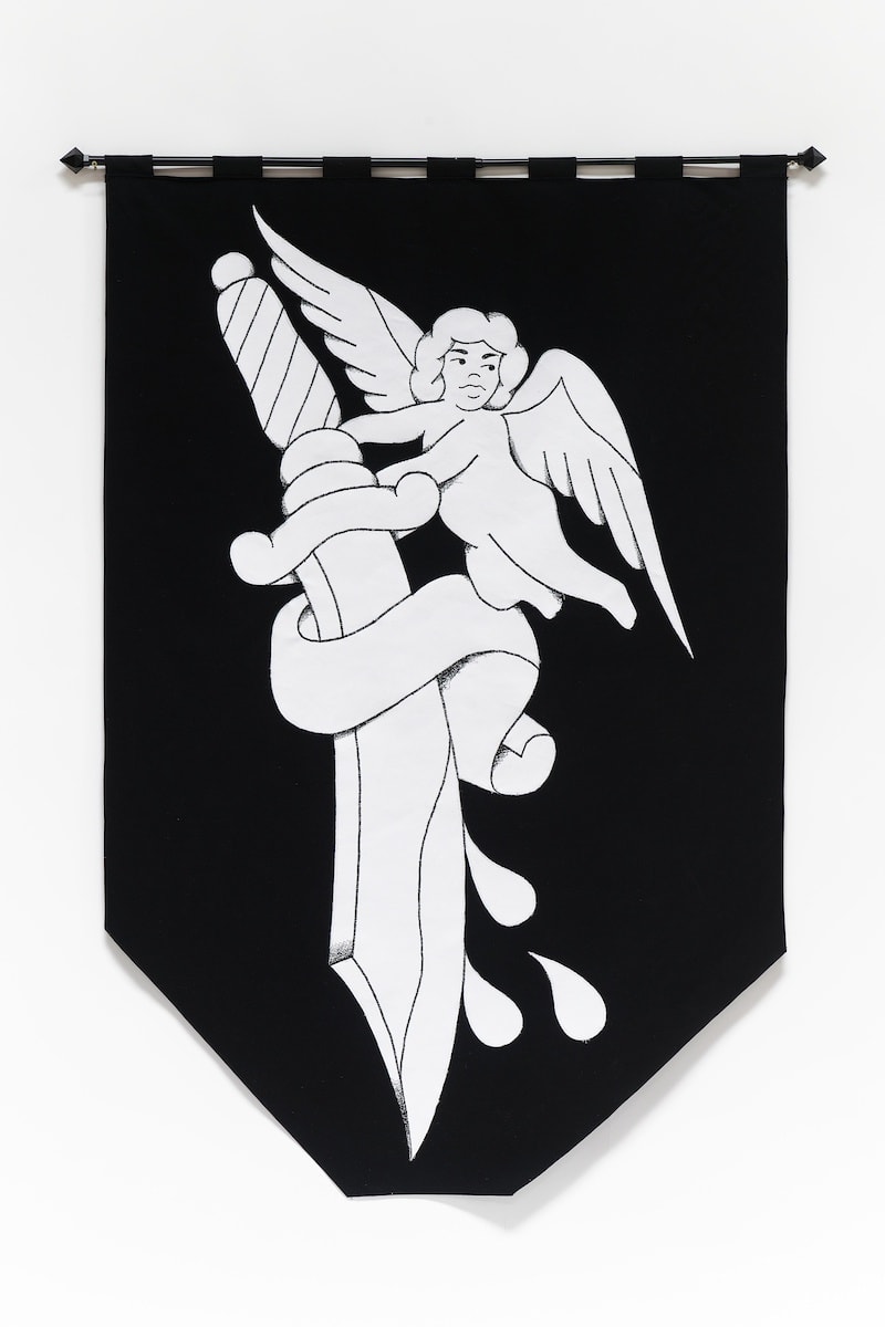 black and white flag with a sewn dagger and angel 