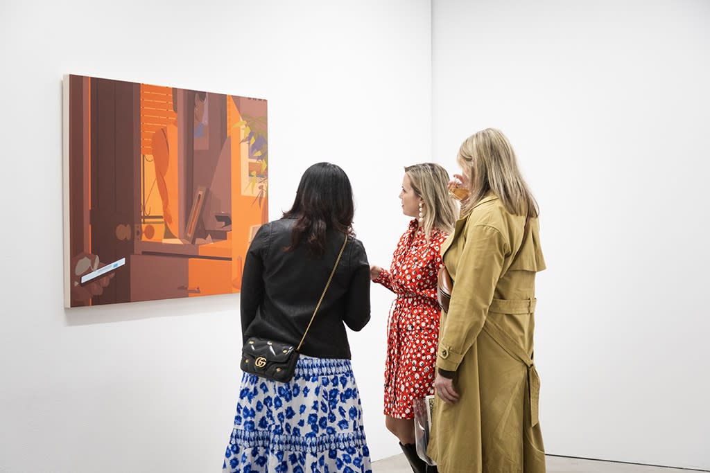 photo of three women standing in front of Adrian Kay Wong's painting at the opening reception of Adrian Kay Wong's exhibition