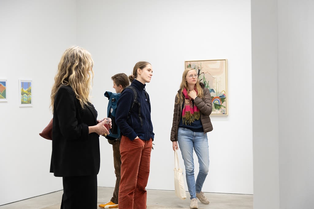 visitors viewing the Jaunt: Winter Camp group exhibition at Hashimoto Contemporary San Francisco