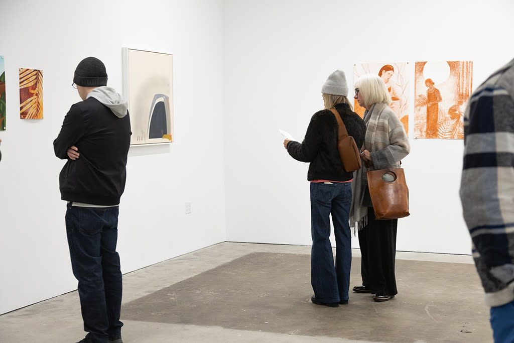 visitors viewing the Jaunt: Winter Camp group exhibition at Hashimoto Contemporary San Francisco