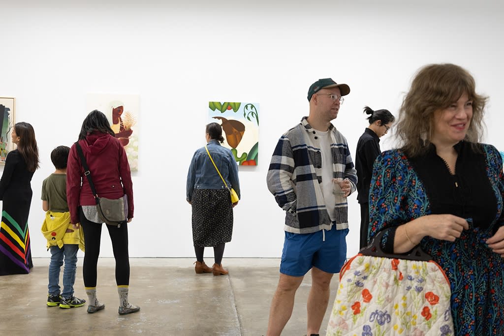 visitors viewing the Jaunt: Winter Camp group exhibition at Hashimoto Contemporary San Francisco