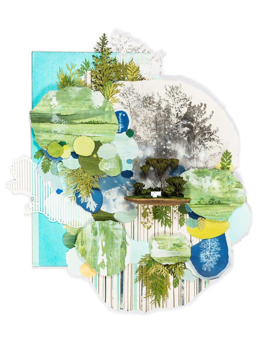 An image of Gregory Euclide Landscape Construction: Isolation, 2024. The artwork is a painting slash collage made of acrylic and ink. An irregular shape, the artworks shows many landscapes and trees in various shades of green. 