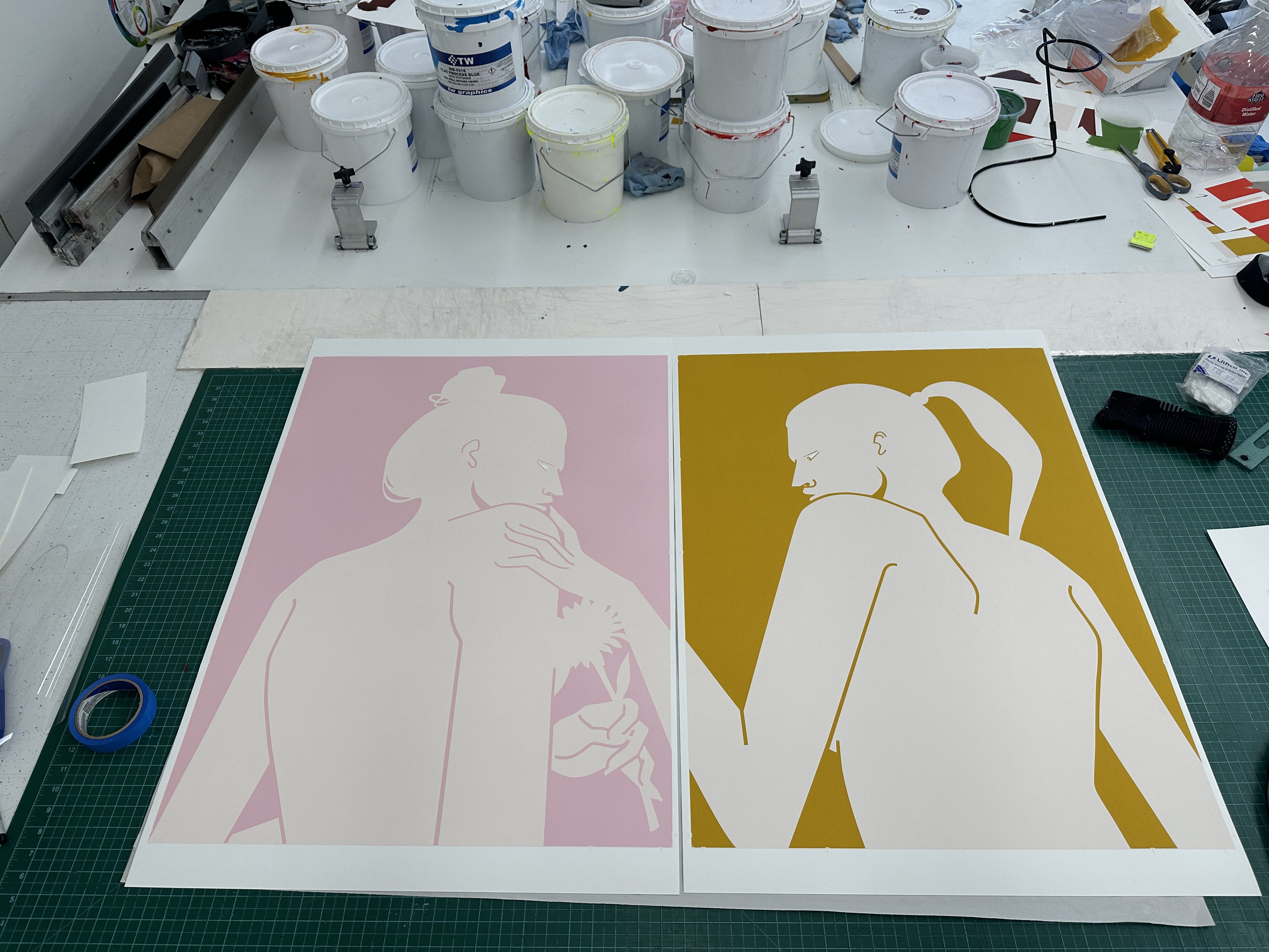 Photo of screen prints with the first layer being completed