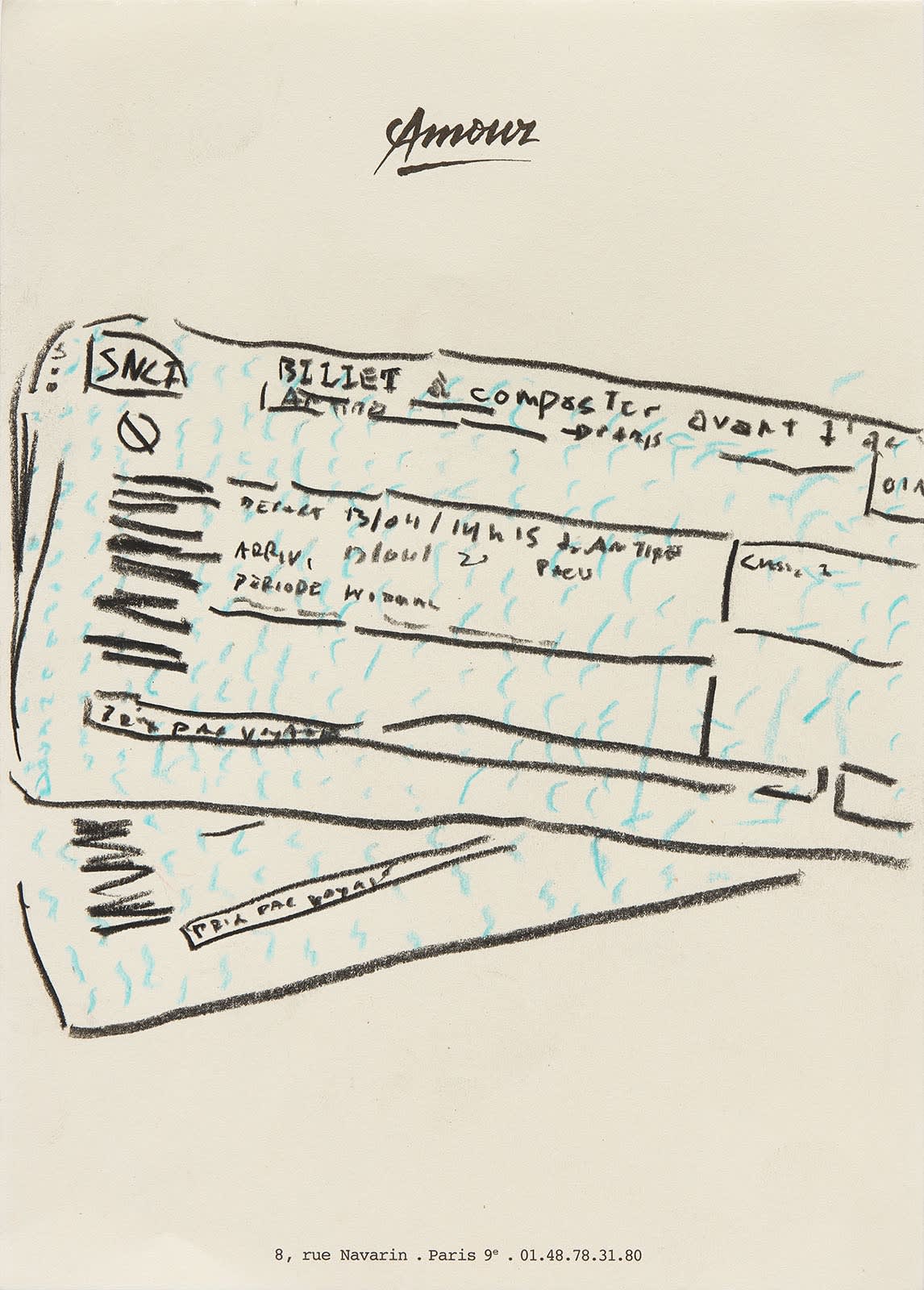 A pencil crayon drawing by Michael McGregor of tickets to a show drawn on hotel stationary. 