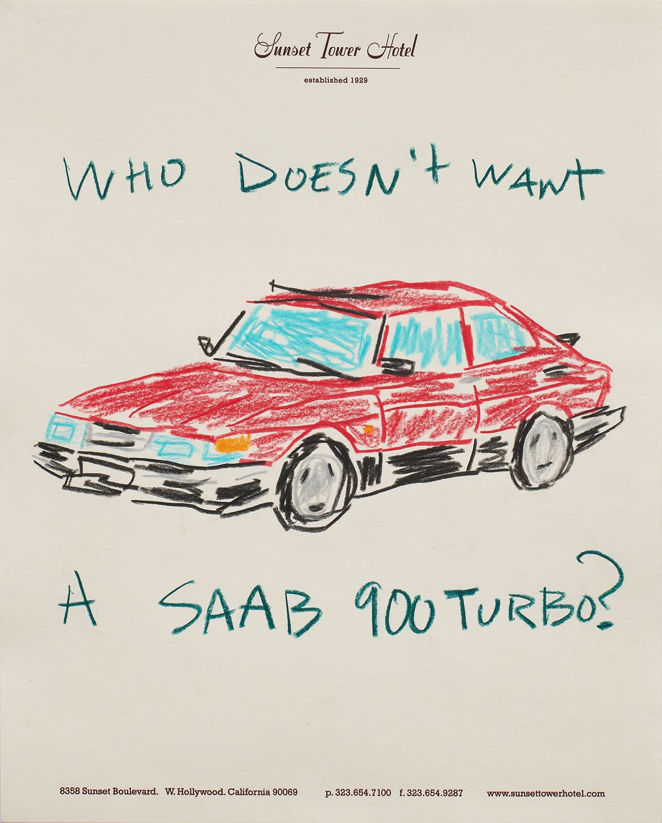 A drawing in pencil crayon by Michael McGregor of a red Saab car. in Blue pencil crayon it reads 