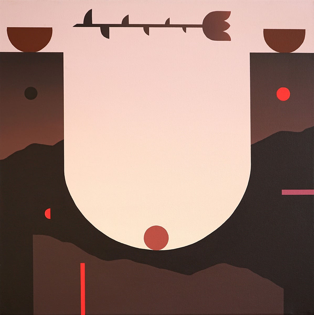 An image of Madeleine Tonzi Held, 2023. The painting is an almost abstract desert landscape, where two large dark cliffs meet in a U formation, showing a window of pink sky. A rose floats above the U, the painting punctuated with small burgundy lines or circles. 